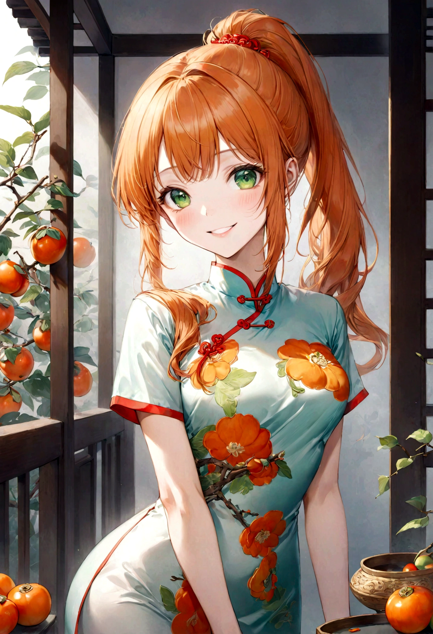 ((top-quality)), ((masterpiece)), ((ultra-detailliert)), (extremely delicate and beautiful), orange hair, long straight hair, long ponytail, green eyes, persimmons in the background, sexy qipao, traditional chinese clothing, mischievous smile, beautiful woman, cheerful