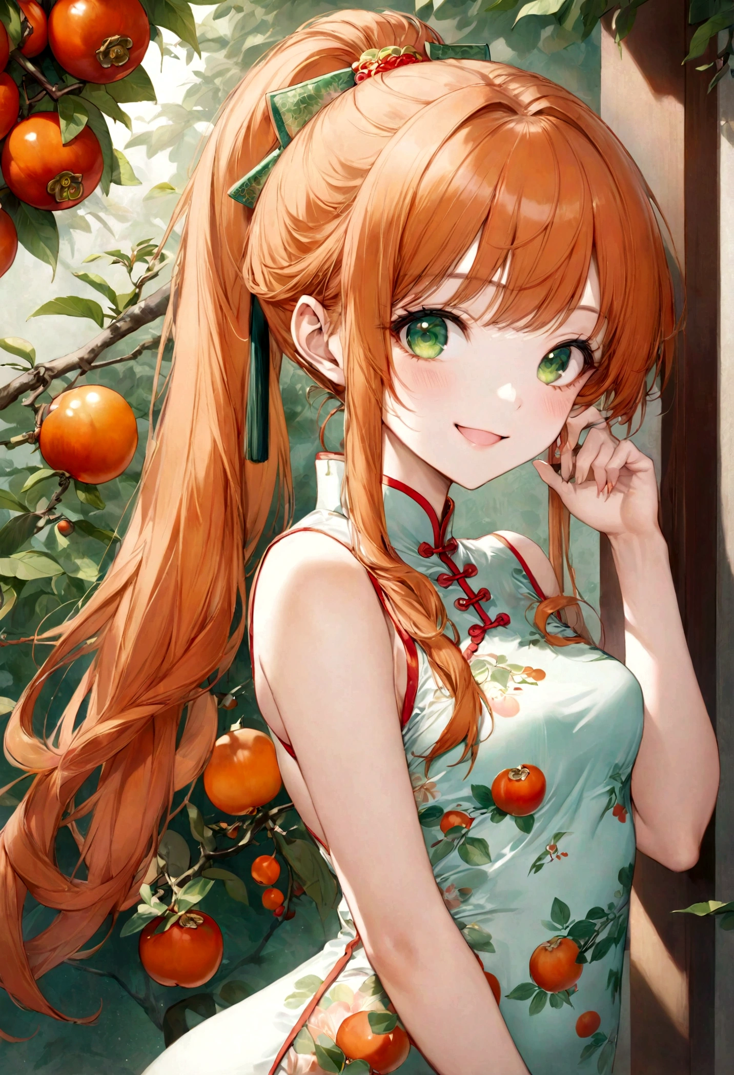 ((top-quality)), ((masterpiece)), ((ultra-detailliert)), (extremely delicate and beautiful), orange hair, long straight hair, long ponytail, green eyes, persimmons in the background, sexy qipao, traditional chinese clothing, mischievous smile, beautiful woman, cheerful