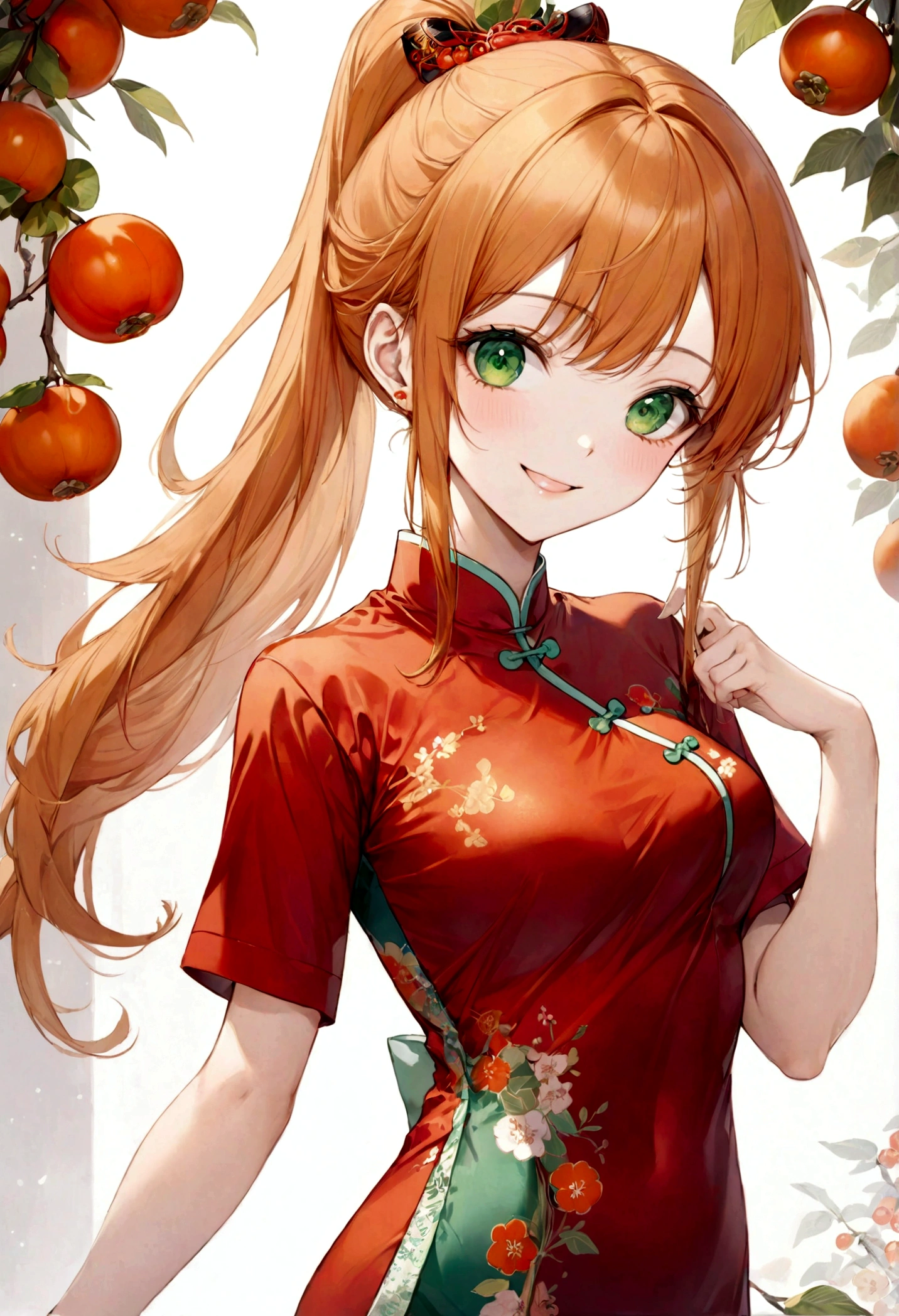 ((top-quality)), ((masterpiece)), ((ultra-detailliert)), (extremely delicate and beautiful), orange hair, long straight hair, long ponytail, green eyes, persimmons in the background, sexy qipao, traditional chinese clothing, mischievous smile, beautiful woman, cheerful