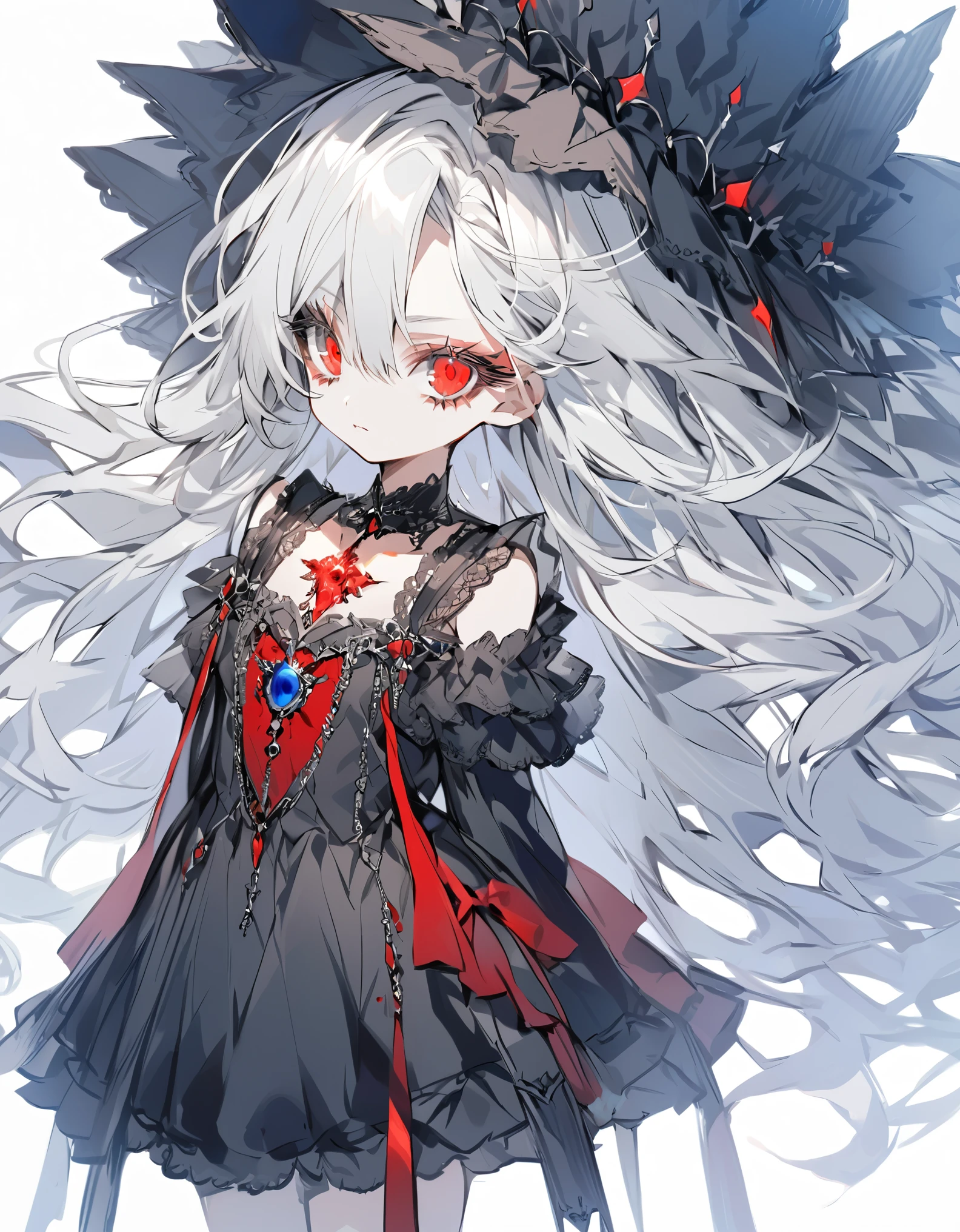 (Sketches)Goth Girl (Young Girl:1.5)Small breasts(Small body:1.5)Silver Hair (Long Hair:1.4)(eye shadow:1.3)(Eyelashes:1.2)(Red glowing eyes), (Big Hair) Original costume girly dress(fringe)(More about the Strand), (White Background),Blue Gem