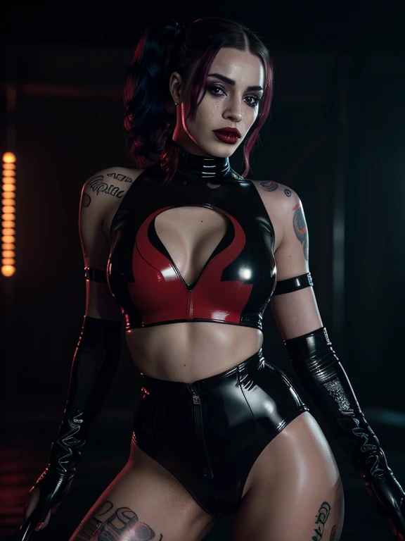 a photorealistic woman, miss Harley Quinn, very slim body, leather outfit, provocative, rebellious, dominatrix, mistress, detailed face, beautiful detailed eyes, beautiful detailed lips, extremely detailed eyes and face, long eyelashes, full body shot, close-up, Harley Quinn's home interior, sexual atmosphere, dramatic lighting, moody colors, high quality, cinematic, masterpiece