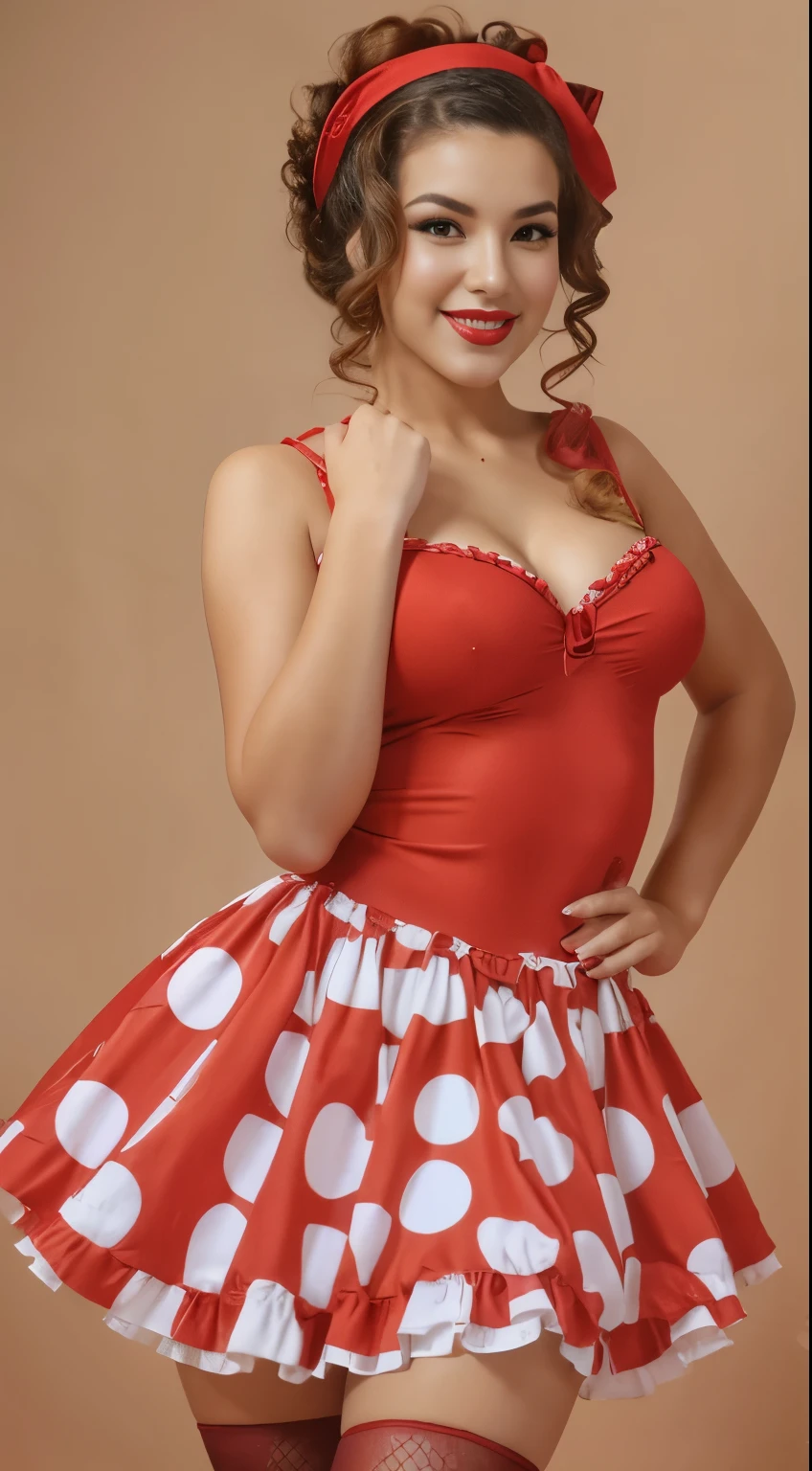 Photo by ISABELA MERCED, Peru , sexual and emotional culture, She is Peruvian She has brown curly hair, creating a mysterious and sexy image. Model dressed in pin-up style with hair styled "victory rolls" and curly bangs. Her plump red lips make her look sexy. She has average breast size. She portrays a pin-up model, posing in various sexual positions. Against a white background, she appears in a red retro dress with large polka dots with a fluffy, voluminous ballerina skirt. She has a red bandana on her head, and on his feet - red stockings. The photo is made in pin-up style, emphasizing the retro-USA vibe. smiling