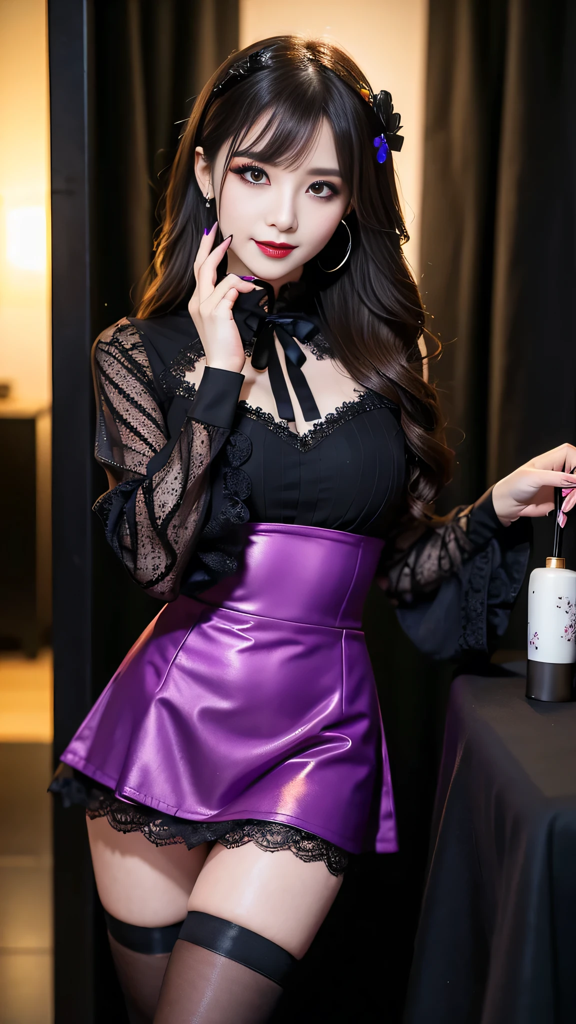 best quality、ultra-detailed、8k、Japanese、Japanese、Seductive beauty、seductive adult woman、Pretty Woman、cool girl、Villainess、brainwash makeup、Brainwashed、brainwash、Fallen into evil、smirk、Evil look、Wicked Smile、evil、Brown hair、wavy hair、swept bangs、dark makeup、dark makeup、piercing eyes、hollow eyes,half-closed eyes、Hollow Eyes、purple Eyeshadow、black lipstick、black lipglos、Lace fabric、black party dress、Wide sleeves、flare skirt、stockings、pantyhose、night、inside darkroom、Are standing、shoot from below、Make up、Hold a small makeup brush、Swear allegiance、I have pledged my allegiance、Seduce、Evil female executive、Female Combatant