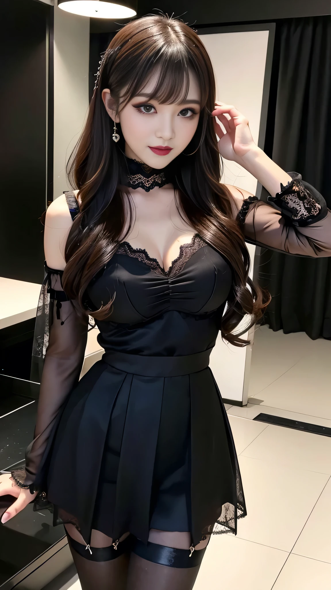 Ultra-detailed、Fascinating beauty、Dainty woman、Cool Girl、Wavy Hair、Black Wedding Dresses、Wide sleeves、flered skirt、Evil Female Executive、Evil Fall、brainwash、pantyhose、lacy fabric、Glossy legs、lipsticks、Evil look、Suspicious look、Hollow eyes、wicked、Reaching out、Over Head Shot、selfy