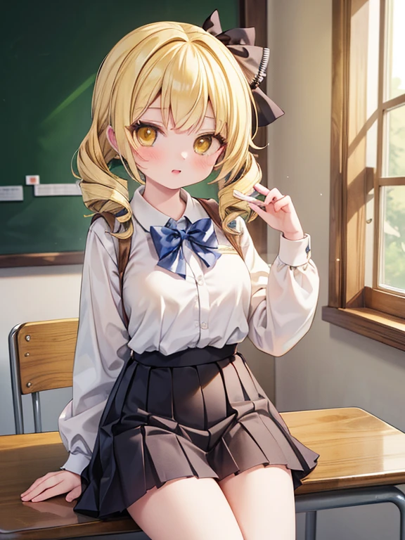 masterpiece, highest quality, Very detailed, 16k, Ultra-high resolution, Cowboy Shot, Detailed face, Perfect Fingers, 17-year-old female, School classroom, Sit on a chair, mami tomoe, blonde hair, drill hair, twin drills, (yellow eyes:1.3)