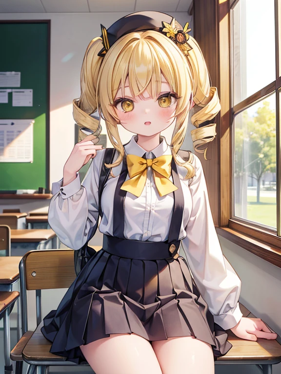 masterpiece, highest quality, Very detailed, 16k, Ultra-high resolution, Cowboy Shot, Detailed face, Perfect Fingers, 17-year-old female, School classroom, Sit on a chair, mami tomoe, blonde hair, drill hair, twin drills, (yellow eyes:1.3)