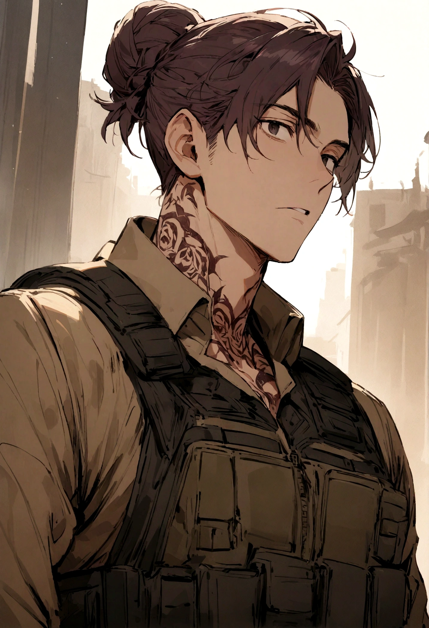 (masterpiece), best quality, expressive eyes, perfect face, Male, maroon messy hair-bun, black eyes, neck roses tattoo. brown fur lined overcoat, tactical vest, handsome, waist up view, upper body view