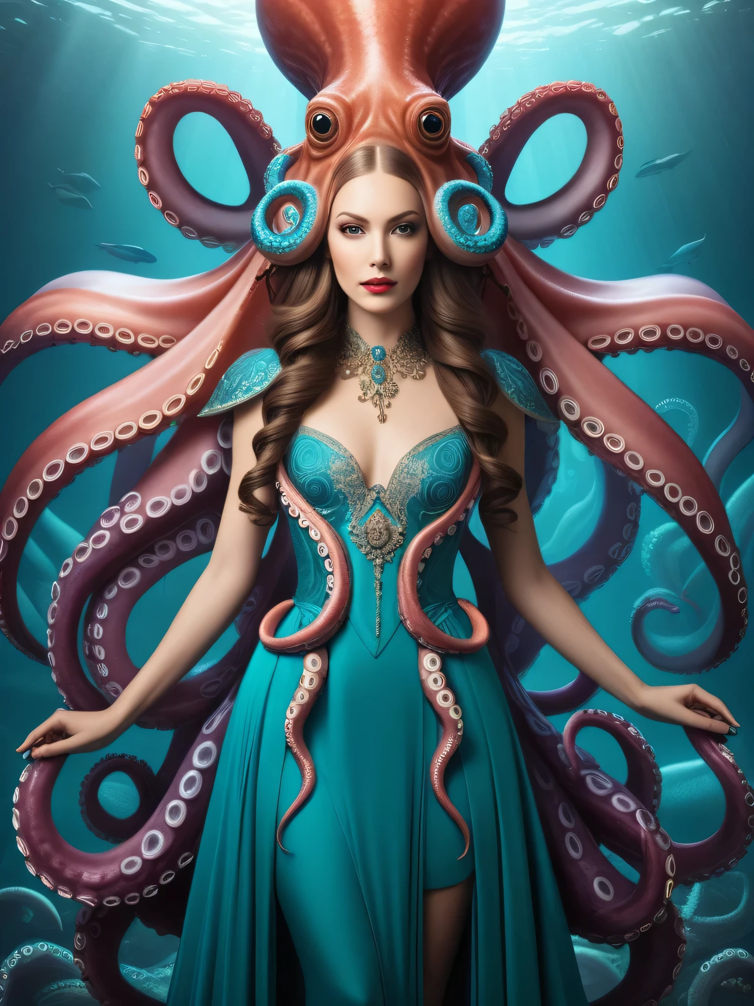 Stunning woman in dress with mustache around her, beautiful octopus woman, portrait of an Giant Squid Goddess, herpen rankin&#39;s iris, Giant Squid Goddess, Intricate fantasy series, Intricate outfits, Wear clothes made from vines., covered with mustache, Some tentacles were touching her., White cyborg fashion photography, Intricate, elegant cgi anime style., Surreal beautiful young woman . won, professional, Highly detailed