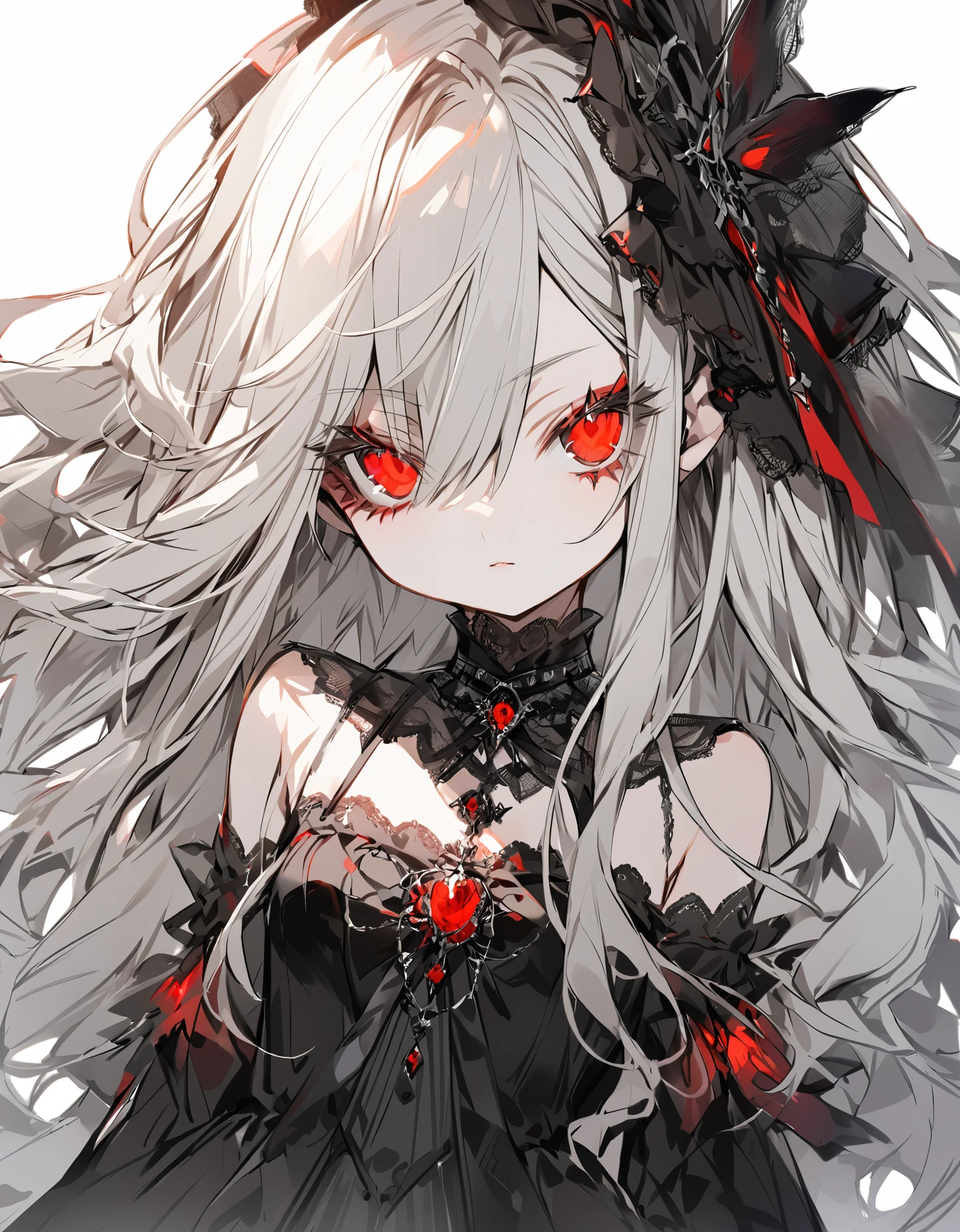 (Sketches)Goth Girl (Young Girl:1.5)Small breasts(Small body:1.5)Silver Hair (Long Hair:1.4)(eye shadow:1.3)(Eyelashes:1.2)(Red glowing eyes), (Big Hair) Original costume girly dress(fringe)(More about the Strand), (White Background),