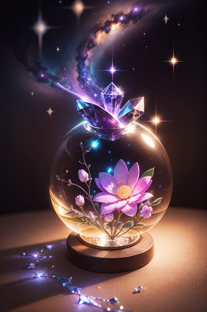 crystal flower, Fantasy, Milky Way, transparent, Sparkling, Sparkling, The Shining, colorful, magical photography, LightingDramatic, Photorealism, Ultra-detailed, 4K, Depth of written boundary, High resolution、hand