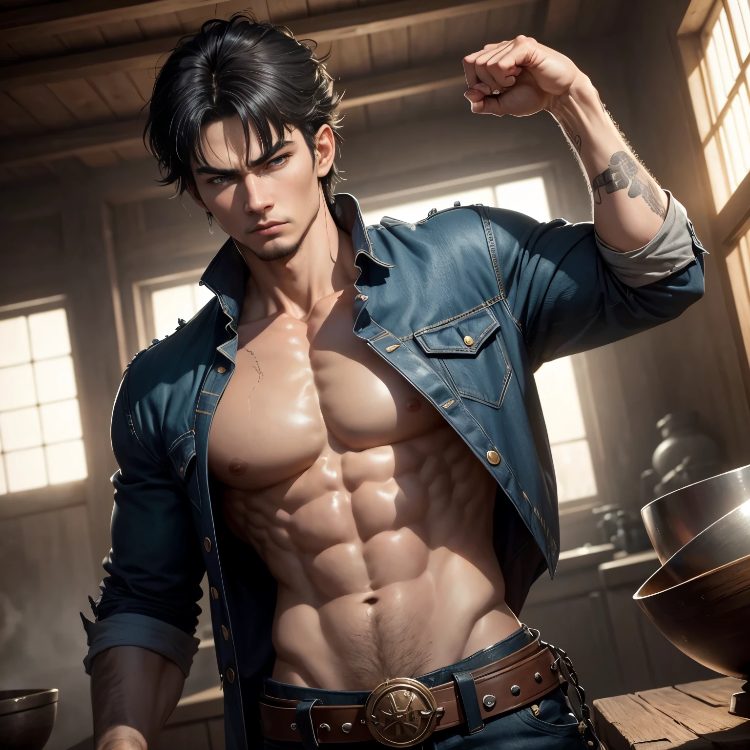 8k, masterpiece, best quality, realistic, higly detailed, cowboy shot, 1boy, solo, Fuutarou, young man, fair skin, black hair, bowl cut, two strands sticking up from the back of his head, bangs that cover his forehead, blue eyes, slim physique, tall build, tends to slouch, serious expression, scary and thuggish vibe, bad guy, Dragon of Wrath