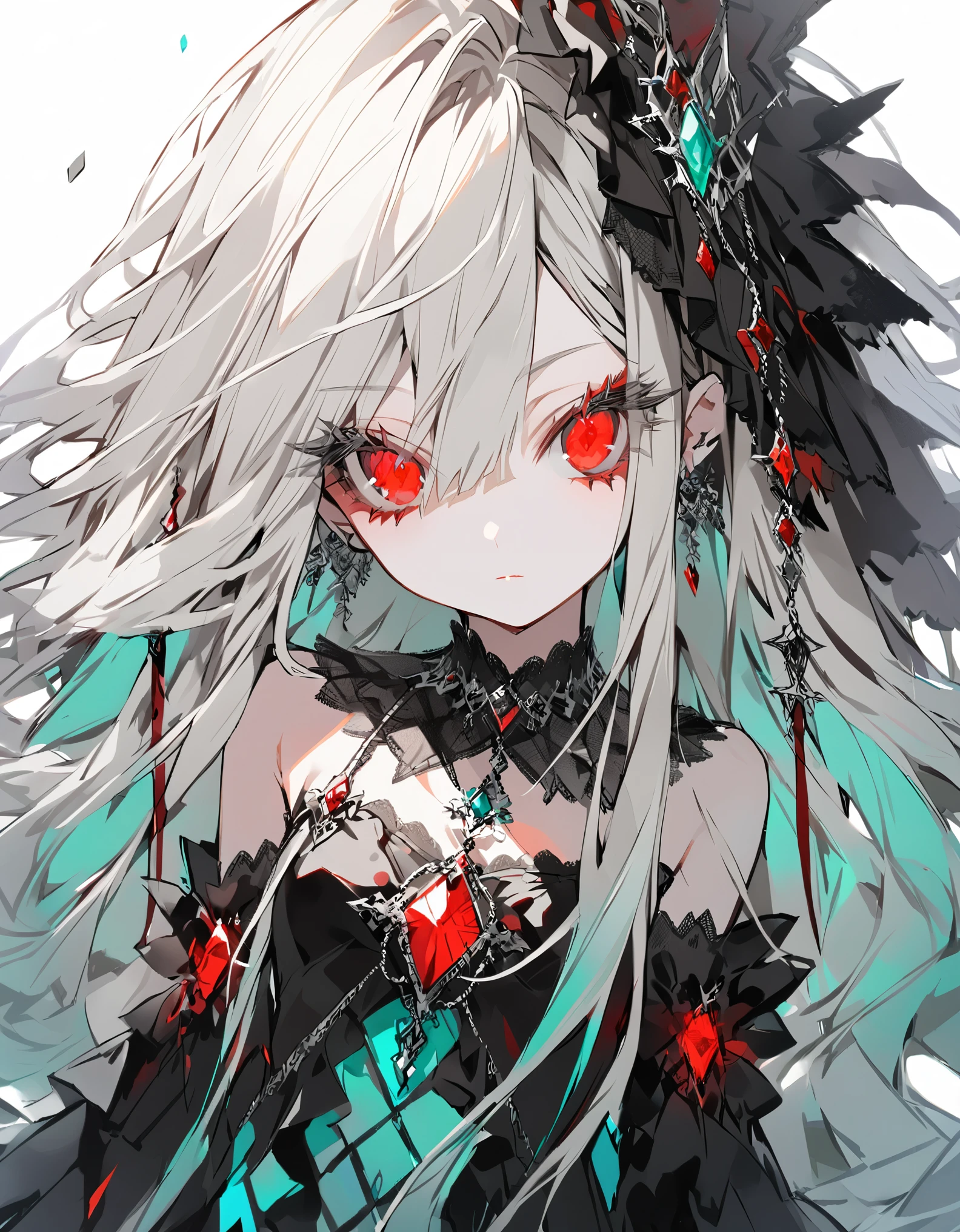 (Sketches)Goth Girl (Young Girl:1.5)Small breasts(Small body:1.5)Silver Hair (Long Hair:1.4)(eye shadow:1.3)(Eyelashes:1.2)(Red glowing eyes), (Big Hair) Original costume girly dress(fringe)(More about the Strand), (White Background)gem(Ice color)Innocence