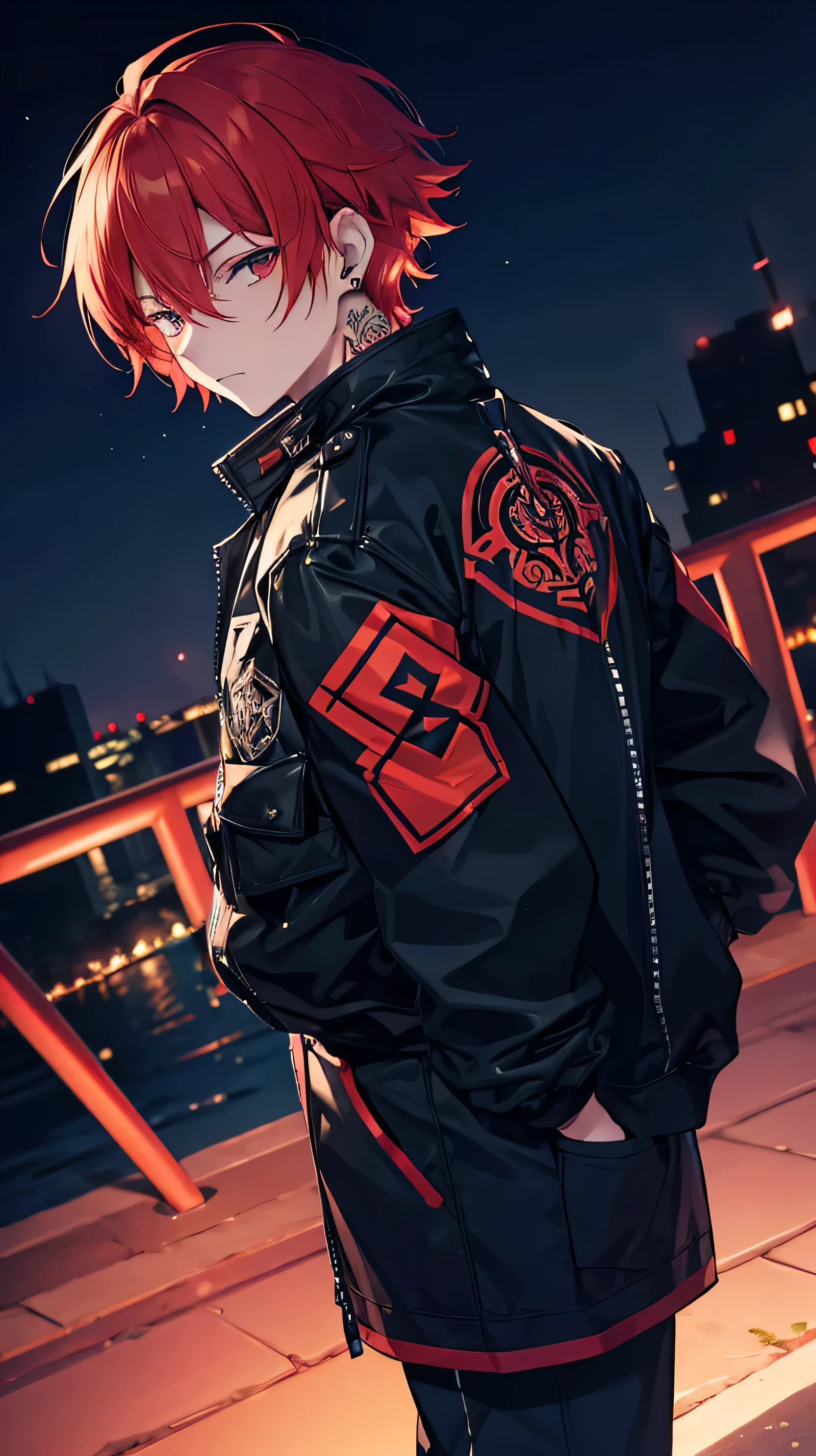 1 male, red haired , wearing a black jacket , night time ,face and neck tattoo , hands in pocket, looking back
