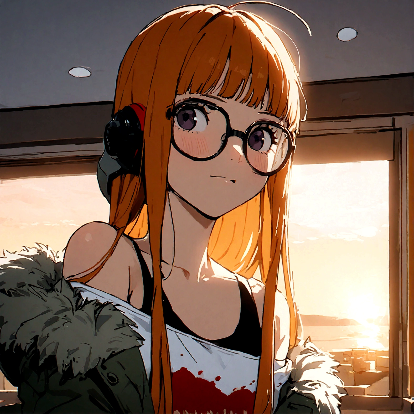 1girl, sakura futaba, upperbody, (masterpiece), cinematic, beautiful light, best quality, newest,  absurdres.best quality,indoor, sunset,