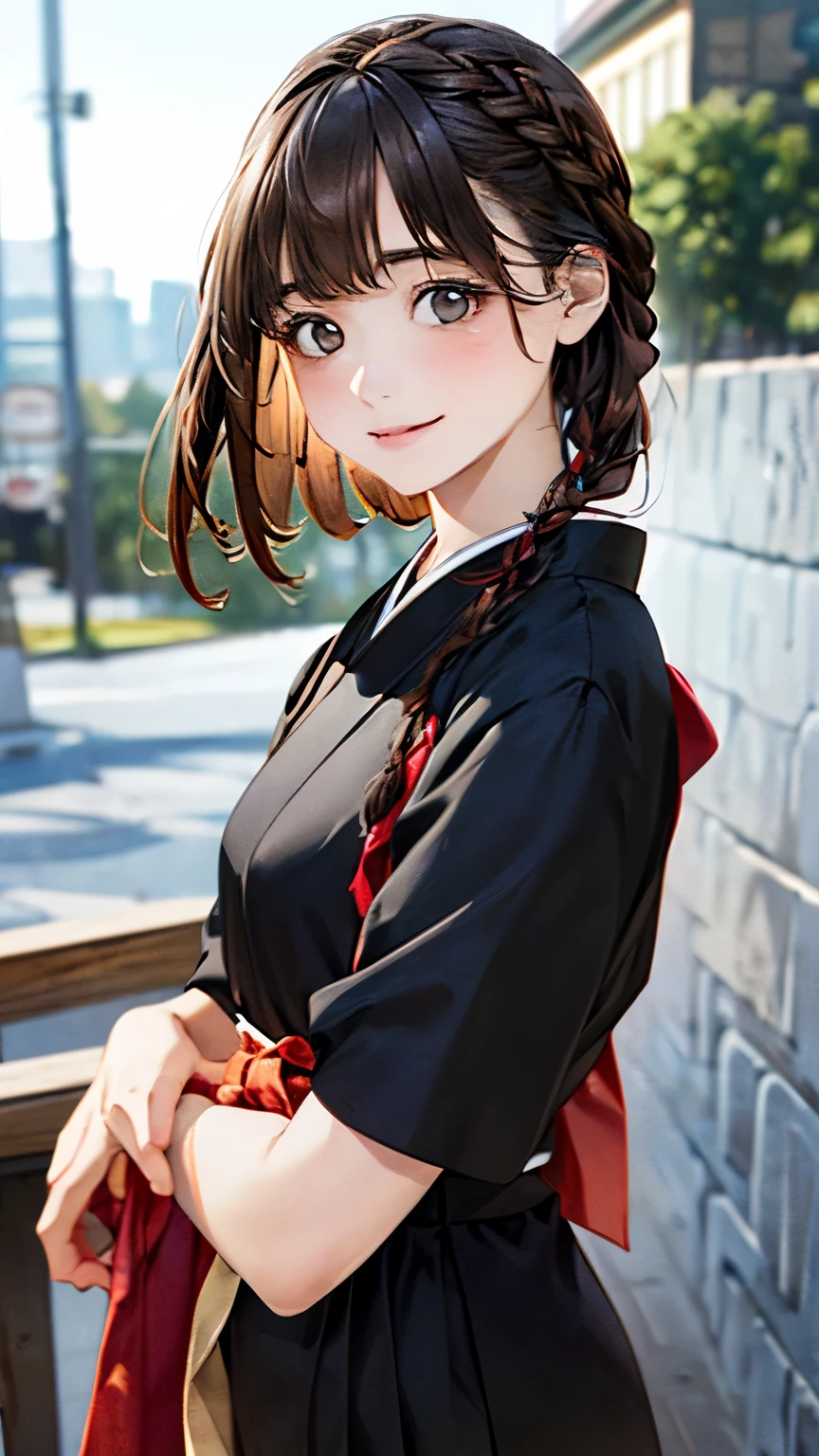 (masterpiece:1.2, highest quality), (Realistic, photoRealistic:1.4), Beautiful illustrations, (Natural Side Lighting, Cinema Lighting),
Show Viewer, 1 girl, Japanese, , Perfect Face, Cute and symmetrical face, Shiny skin,
break ((Detailed cloth texture, Black Dress))
break (Medium Hair, Braiding, Brown Hair, Laughter)
(Beautiful views), evening, (Outdoor),