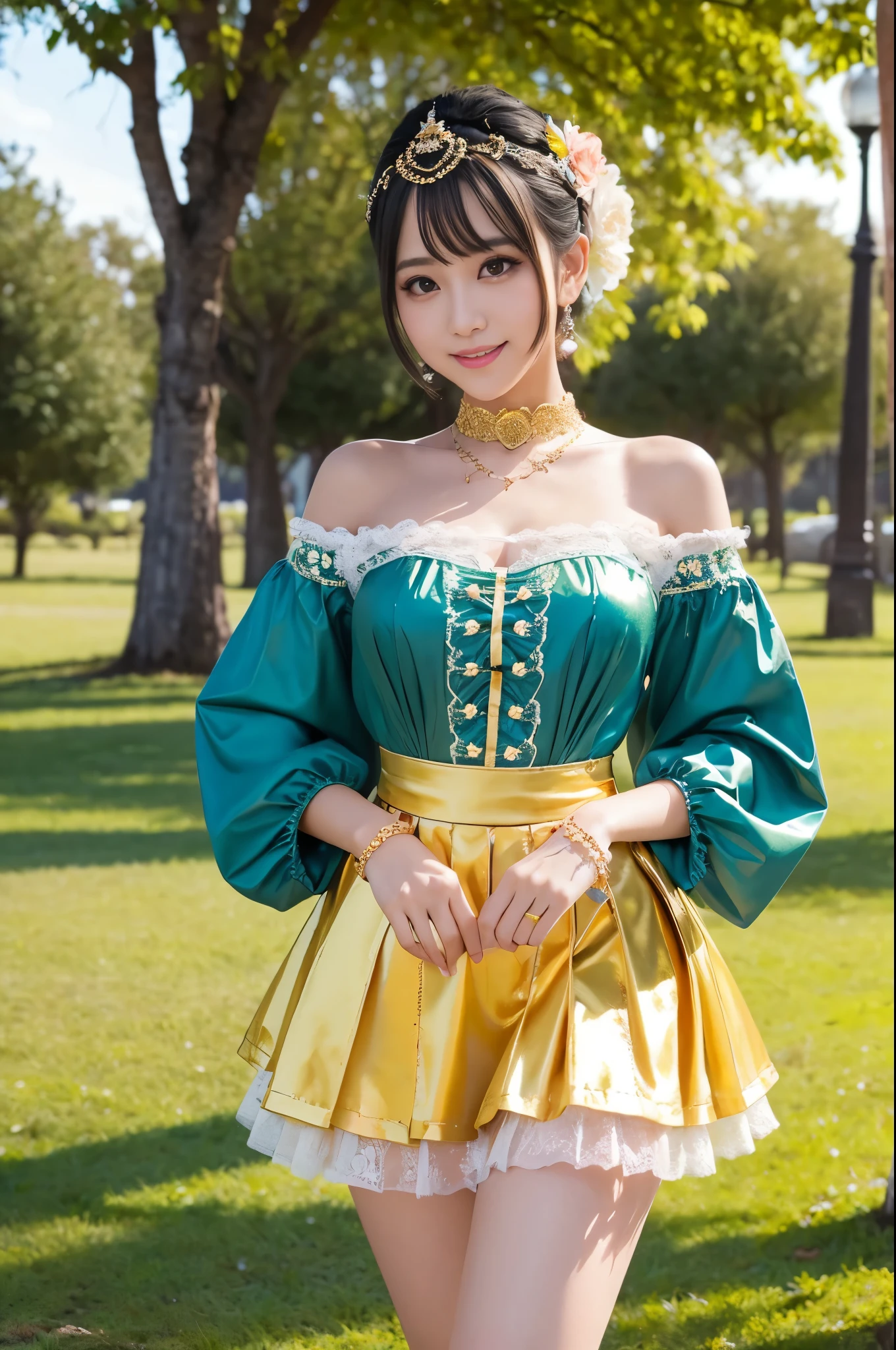 (nsfw), sexy golden Thai princess, only 1 female, ((doll-like appearance)), short Teal stylish hair, ((shiny Victorian-Style boots)), (big smile), ultra detailed eyes, vivid eye makeup, lipgloss, long lashes, defined eyebrows, ((sexy Paradise Kiss cosplay)), bell-shaped skirt, petticoats, high neckline, puffed sleeves, ((ultra detailed lace)), ((ultra detailed embroidery)), intricate details, Paradise Kiss golden accessoires and matching headpiece, golden choker, ((large sparkling Paradise Kiss golden jewelry)), cinematic light, detailed large park background with trees