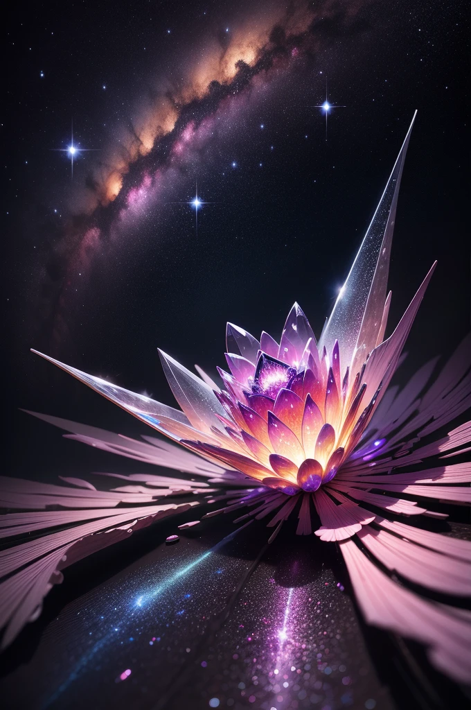 crystal flower, Fantasy, Milky Way, transparent, Sparkling, Sparkling, The Shining, colorful, magical photography, LightingDramatic, Photorealism, Ultra-detailed, 4K, Depth of written boundary, High resolution、pick up