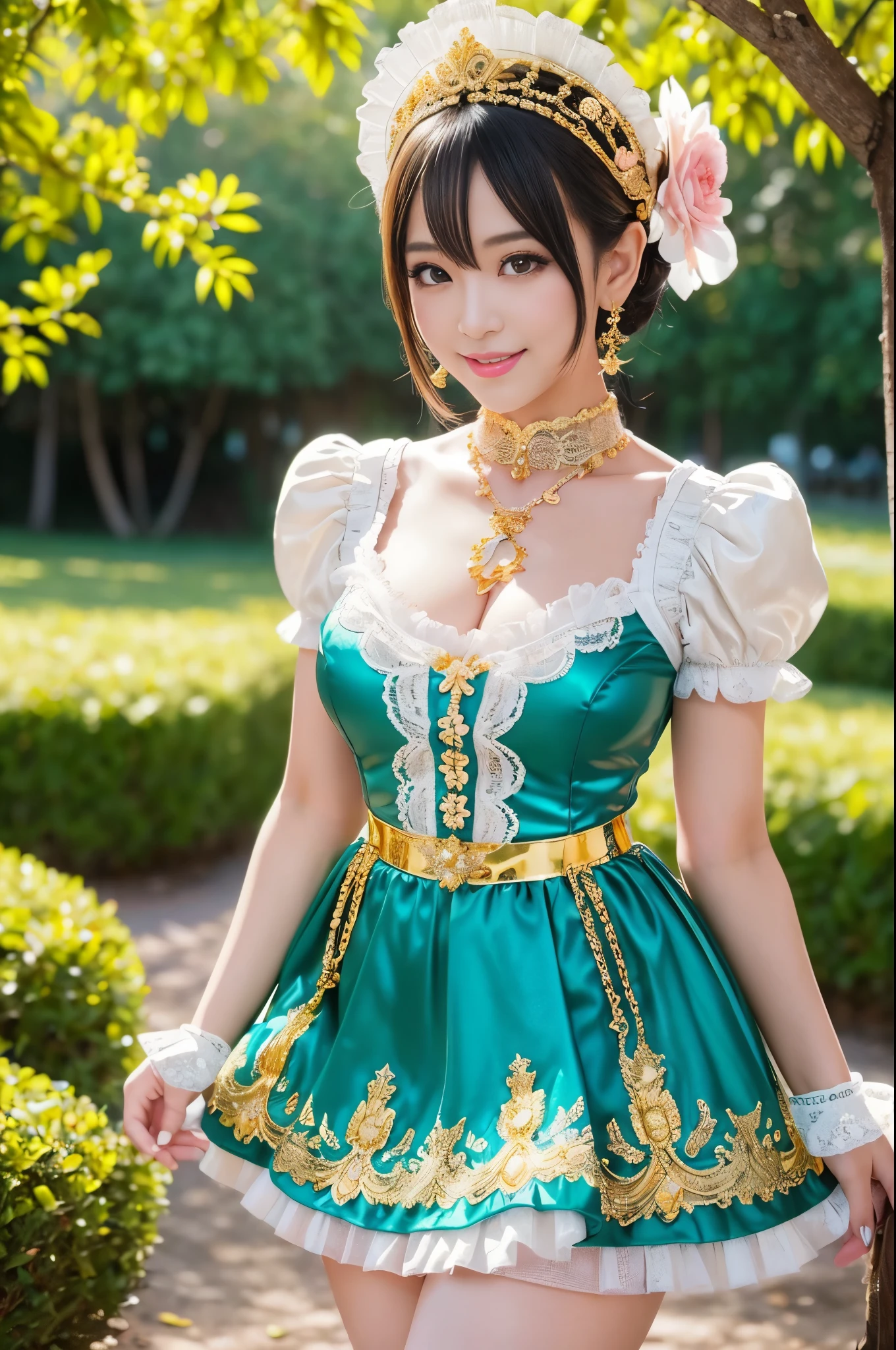 (nsfw), sexy golden Thai princess, only 1 female, ((doll-like appearance)), short Teal stylish hair, ((shiny Victorian-Style boots)), (big smile), ultra detailed eyes, vivid eye makeup, lipgloss, long lashes, defined eyebrows, ((sexy Paradise Kiss cosplay)), bell-shaped skirt, petticoats, high neckline, puffed sleeves, ((ultra detailed lace)), ((ultra detailed embroidery)), intricate details, Paradise Kiss golden accessoires and matching headpiece, golden choker, ((large sparkling Paradise Kiss golden jewelry)), cinematic light, detailed large park background with trees