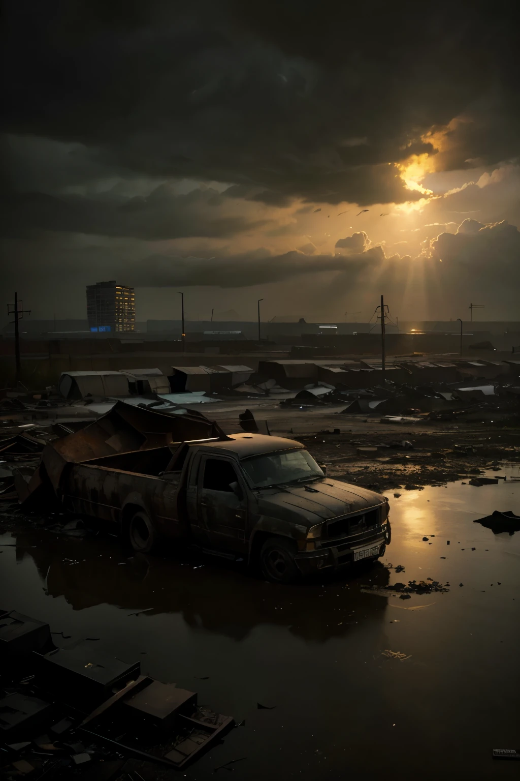 "dilapidated picture,flooded area,toxic dust,smoke, dark sky,lower angle view, person,2-meter robot,forced to work in construction,(best quality,4k,8k,highres,masterpiece:1.2),ultra-detailed,(realistic,photorealistic,photo-realistic:1.37),debris all around,crumbling buildings,deteriorating infrastructure,struggling cityscape,ominous atmosphere,heavy machinery,sunken roads,abandoned vehicles,desolate landscape,dark and gloomy color tone,dramatic lighting"