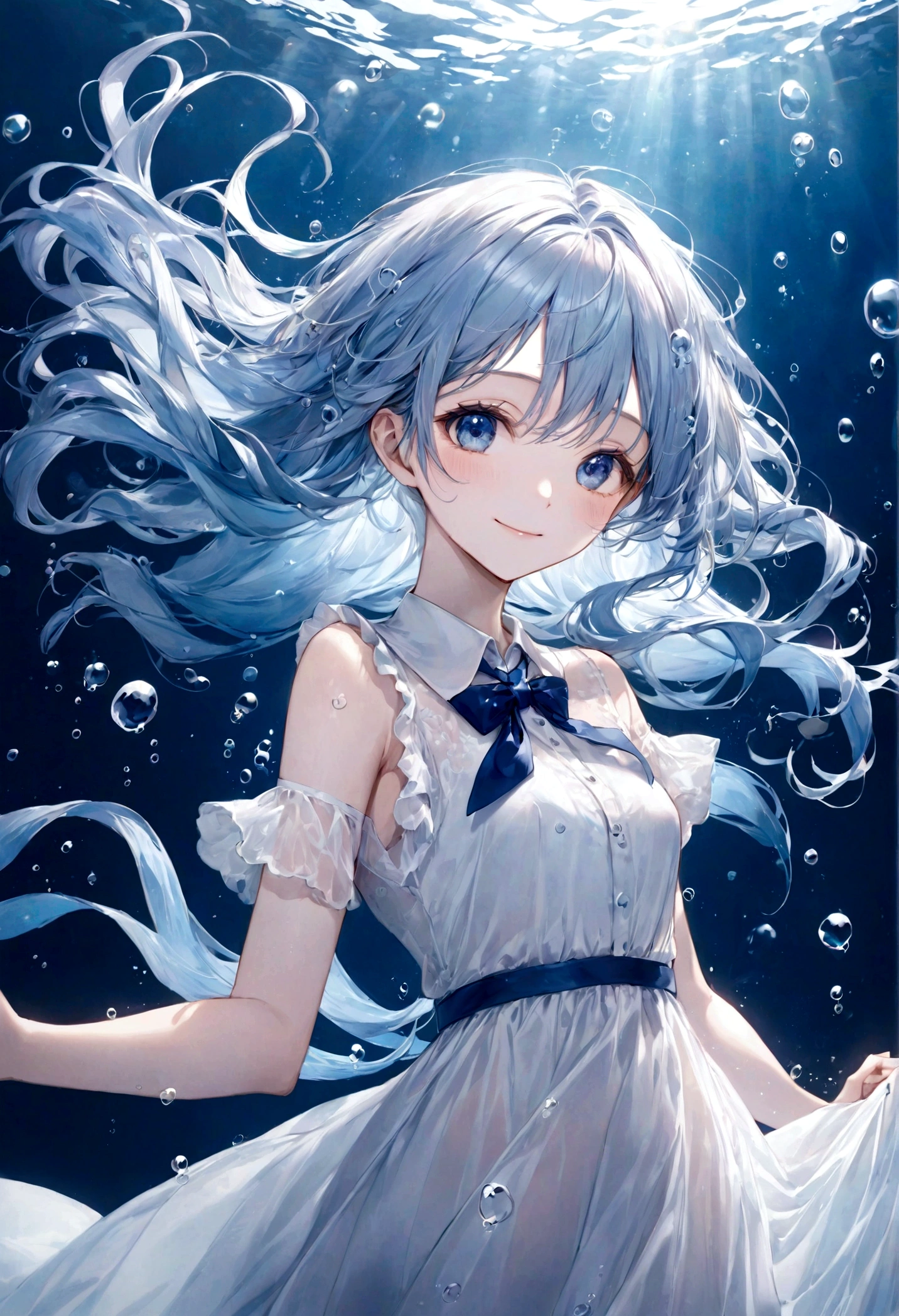 ((top-quality)), ((​masterpiece)), ((ultra-detailliert)), (extremely delicate and beautiful), bright sky blue hair, watery hair, bright sapphire eyes, fair skin, beautiful woman, sheer white dress, navy blue ribbon ties, underwater world, cold background, air bubbles, water bubbles, underwater, sweet smile, delicate wavy long hair