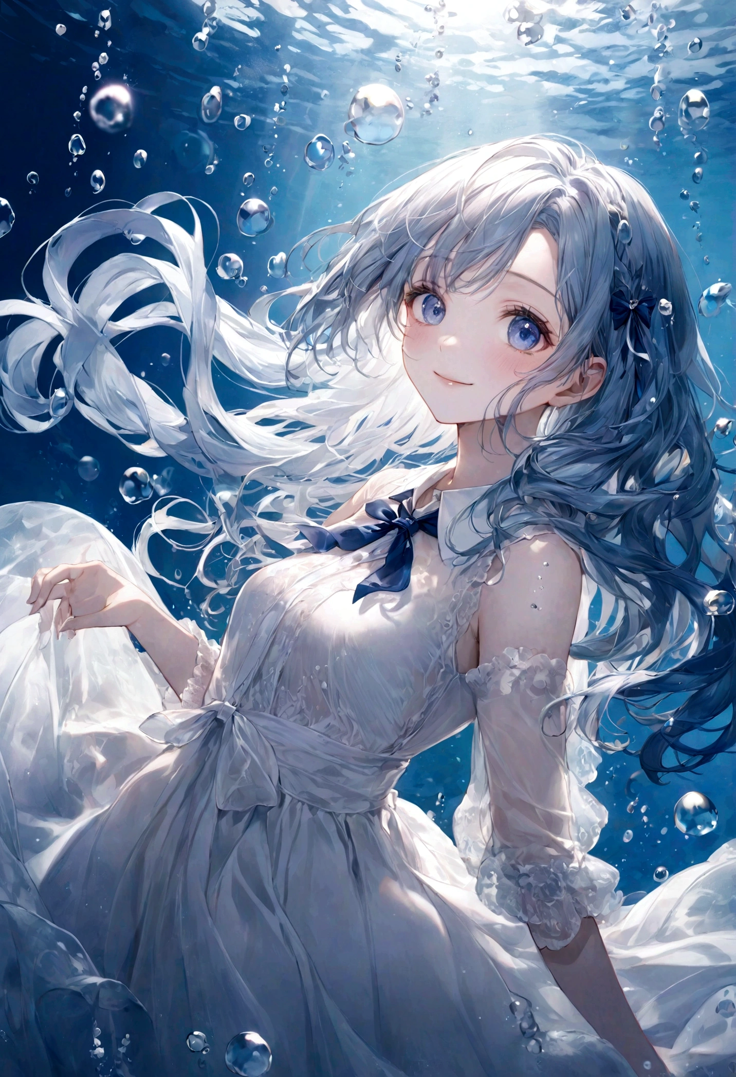 ((top-quality)), ((masterpiece)), ((ultra-detailliert)), (extremely delicate and beautiful), bright sky blue hair, watery hair, bright sapphire eyes, fair skin, beautiful woman, sheer white dress, navy blue ribbon ties, underwater world, cold background, air bubbles, water bubbles, underwater, sweet smile, delicate wavy long hair