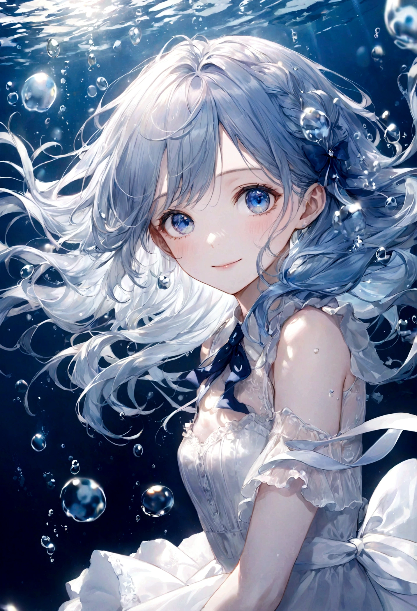 ((top-quality)), ((masterpiece)), ((ultra-detailliert)), (extremely delicate and beautiful), bright sky blue hair, watery hair, bright sapphire eyes, fair skin, beautiful woman, sheer white dress, navy blue ribbon ties, underwater world, cold background, air bubbles, water bubbles, underwater, sweet smile, delicate wavy long hair