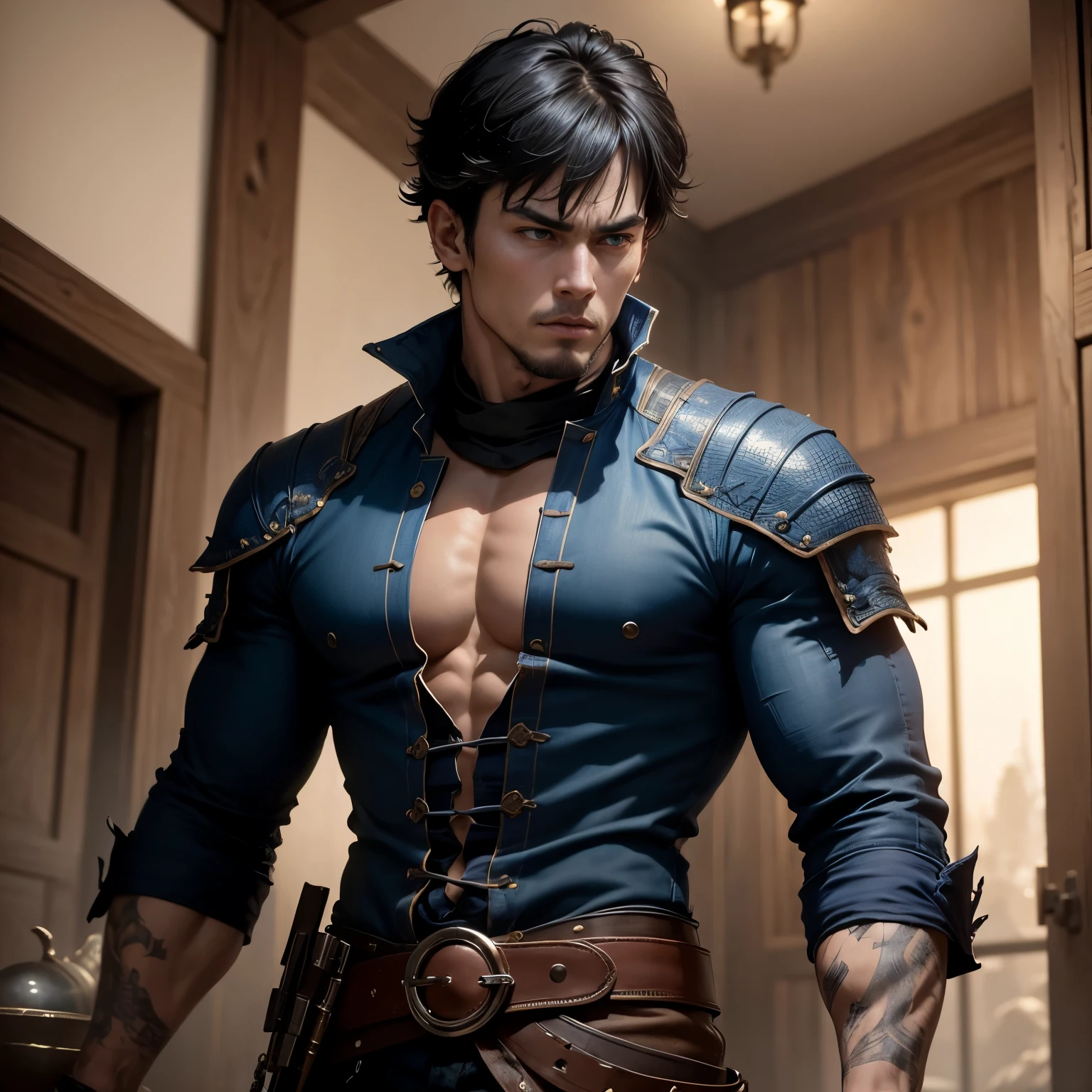 8k, masterpiece, best quality, realistic, higly detailed, cowboy shot, 1boy, solo, Fuutarou, young man, fair skin, black hair, bowl cut, two strands sticking up from the back of his head, bangs that cover his forehead, blue eyes, slim physique, tall build, tends to slouch, serious expression, scary and thuggish vibe, bad guy, Dragon of Wrath