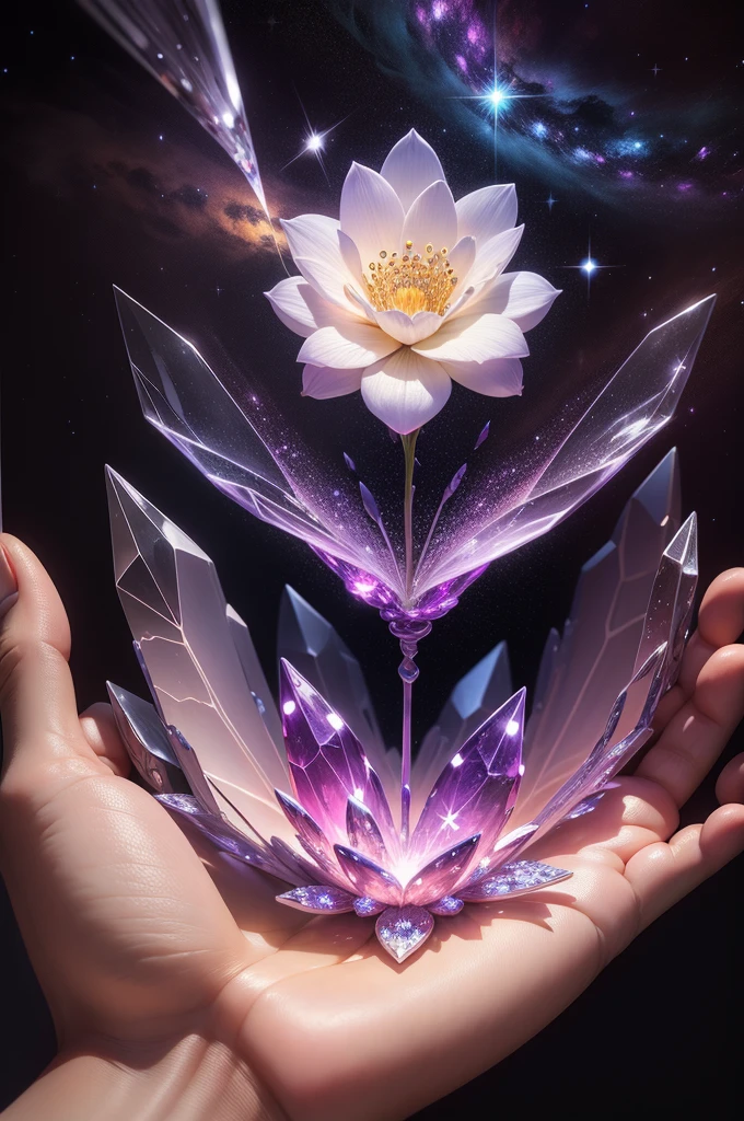 crystal flower, Fantasy, Milky Way, transparent, Sparkling, Sparkling, The Shining, colorful, magical photography, LightingDramatic, Photorealism, Ultra-detailed, 4K, Depth of written boundary, High resolution、Wrapped in hands