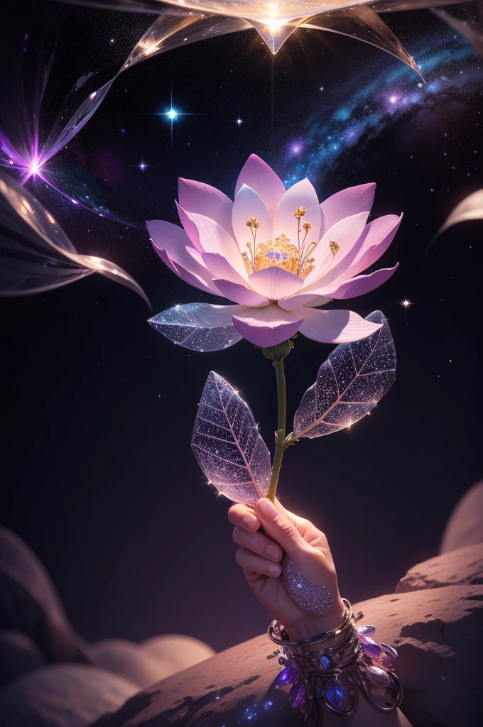 crystal flower, Fantasy, Milky Way, transparent, Sparkling, Sparkling, The Shining, colorful, magical photography, LightingDramatic, Photorealism, Ultra-detailed, 4K, Depth of written boundary, High resolution、Wrapped in hands