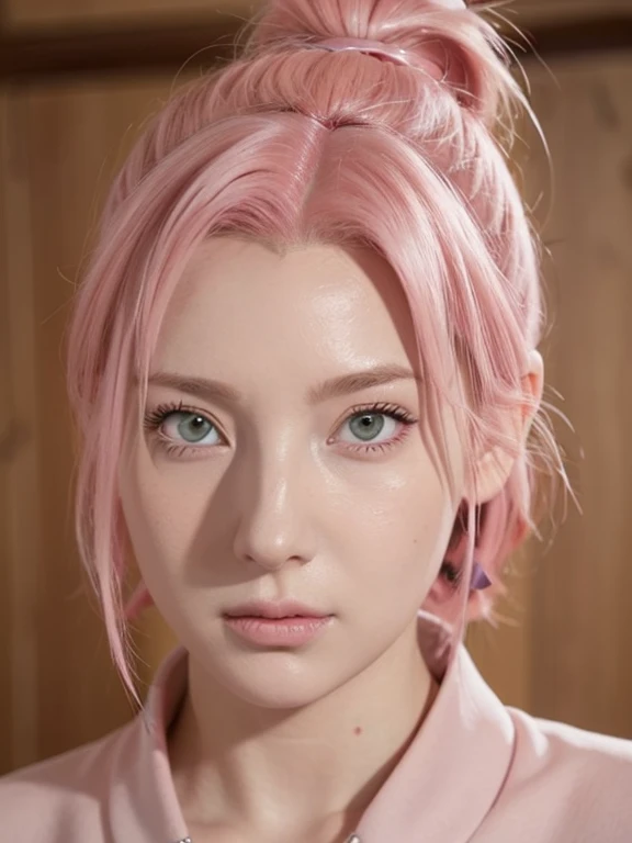 young woman, bubblegum pink hair tied in a bun, wide forehead, porcelain skin, pink eyebrows, emerald green eyes, upturned nose, thick pink lips, heart-shaped face, dark red clothes, Sakura Haruno, realism, well detailed, 3d
