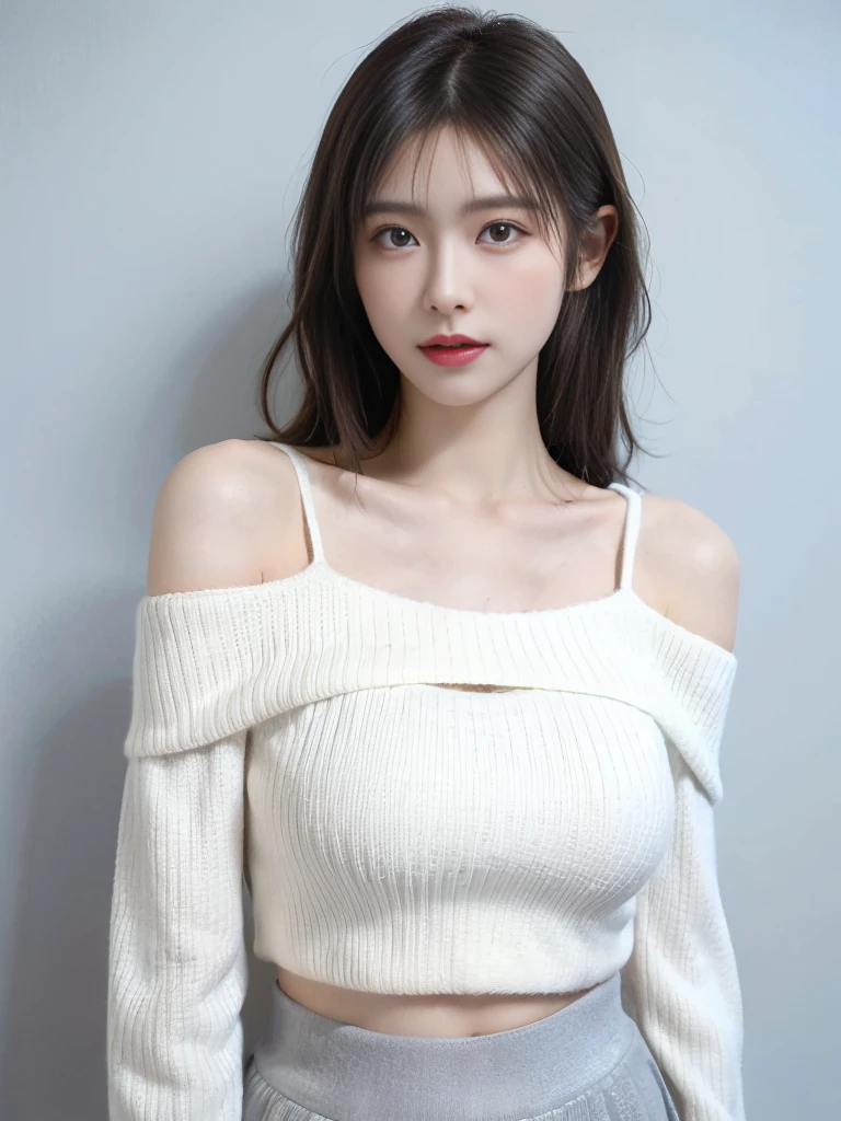 National Foundation，masterpiece，Ultra-high resolution，(Photo realism:1.3)，8K，original photo，1 Girl，外观阿伦西亚加Model， (Off-shoulder sweater, Cropped tops, Long sleeve sweater), Wearing a white skirt，huge cleavagecleavagebodyesbian，Photoshop，Fashion Lab，Simple background，Natural skin texture， Model，Natural skin texture，Dynamic Foil Particles，woman，25 years old，Japanese，spaghetti straps，whole body