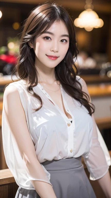 beautiful young japanese woman, gentle smile, tight white translucent blouse, grey mini skirt, posing like a model, coffee cafe, bokeh background, best quality, 4k, 8k, highres, masterpiece, ultra-detailed, realistic, photorealistic, photo-realistic, studio lighting, vivid colors