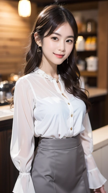 beautiful young japanese woman, gentle smile, tight white translucent blouse, grey mini skirt, posing like a model, coffee cafe, bokeh background, best quality, 4k, 8k, highres, masterpiece, ultra-detailed, realistic, photorealistic, photo-realistic, studio lighting, vivid colors