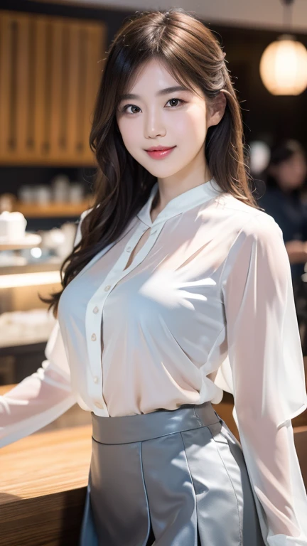 beautiful young japanese woman, gentle smile, tight white translucent blouse, grey mini skirt, posing like a model, coffee cafe, bokeh background, best quality, 4k, 8k, highres, masterpiece, ultra-detailed, realistic, photorealistic, photo-realistic, studio lighting, vivid colors