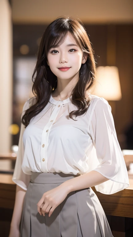 beautiful young japanese woman, gentle smile, tight white translucent blouse, grey mini skirt, posing like a model, coffee cafe, bokeh background, best quality, 4k, 8k, highres, masterpiece, ultra-detailed, realistic, photorealistic, photo-realistic, studio lighting, vivid colors