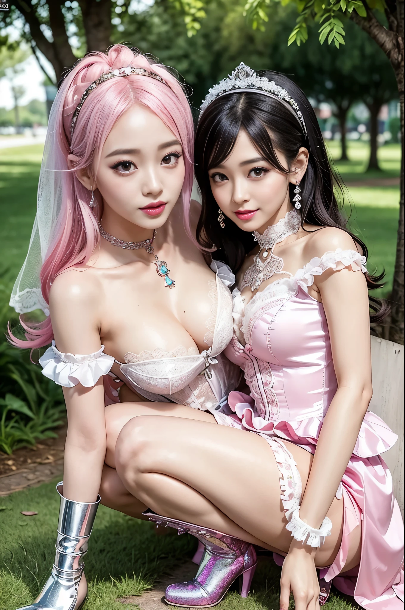 nsfw, sexy Thai princess, only 1 female, ((doll-like appearance)), short neon pink stylish hair, ((shiny Victorian-Style boots)), (big smile), ultra detailed eyes, vivid eye makeup, lipgloss, long lashes, defined eyebrows, ((sexy Paradise Kiss cosplay)), bell-shaped skirt, petticoats, high neckline, puffed sleeves, ((ultra detailed lace)), ((ultra detailed embroidery)), intricate details, Paradise Kiss accessoires and matching headpiece, choker, ((large sparkling Paradise Kiss jewelry)), cinematic light, detailed large park background with trees