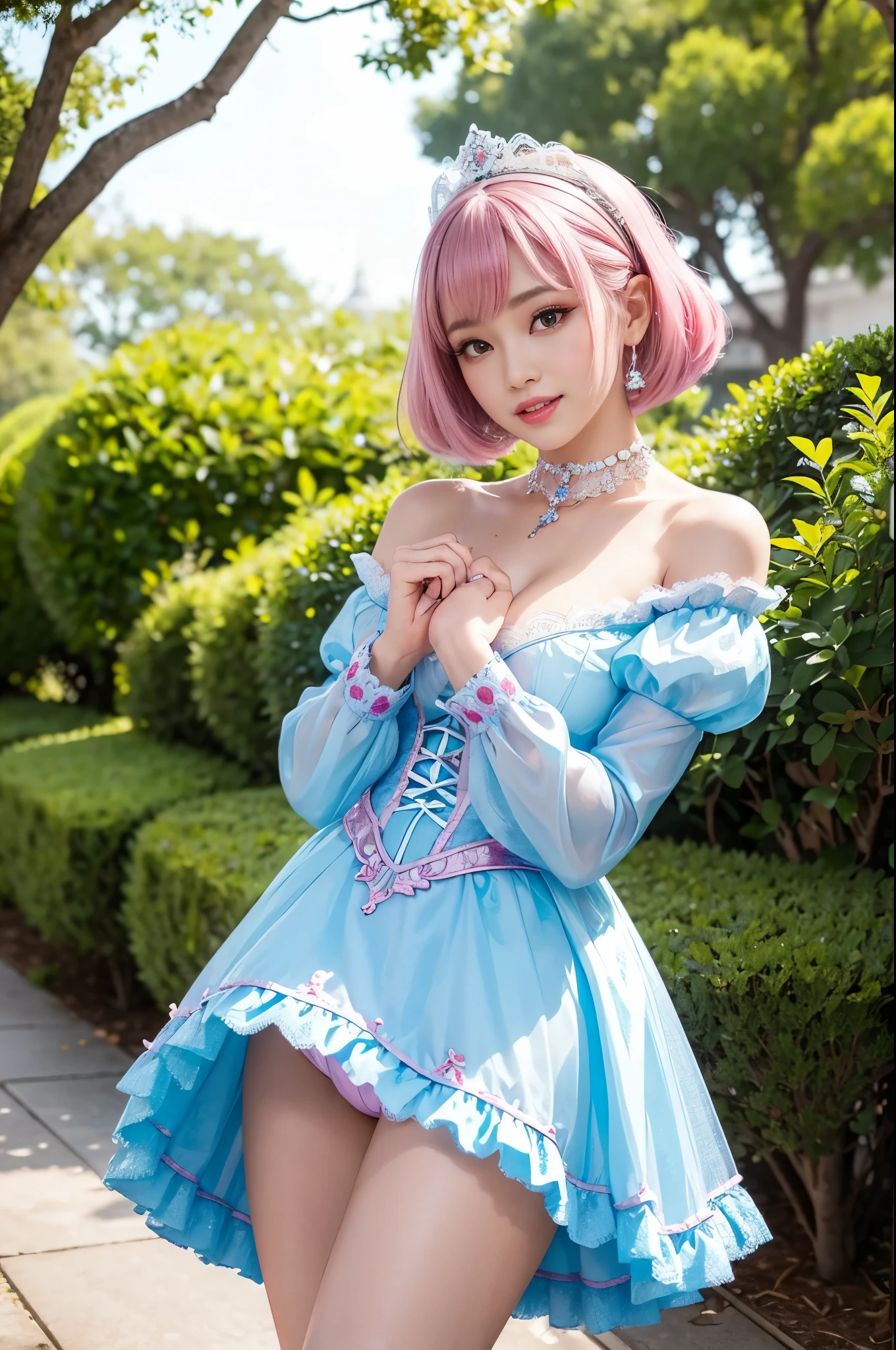 nsfw, sexy Thai princess, only 1 female, ((doll-like appearance)), short neon pink stylish hair, ((shiny Victorian-Style boots)), (big smile), ultra detailed eyes, vivid eye makeup, lipgloss, long lashes, defined eyebrows, ((sexy Paradise Kiss cosplay)), bell-shaped skirt, petticoats, high neckline, puffed sleeves, ((ultra detailed lace)), ((ultra detailed embroidery)), intricate details, Paradise Kiss accessoires and matching headpiece, choker, ((large sparkling Paradise Kiss jewelry)), cinematic light, detailed large park background with trees