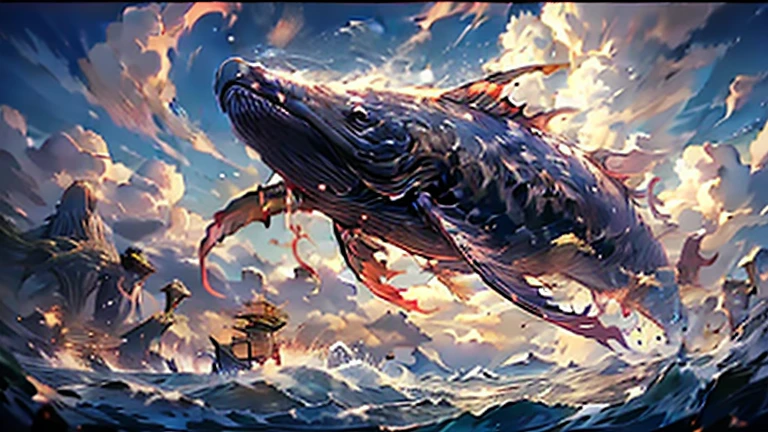 when,masterpiece, Ultra-high resolution, artwork, 3D, CG, Unreal Engine 5, Chinese mythology, A red carp dominating the sky with its huge body contrast, Lateral Body, Great Fear, Long fins, Open your mouth, Sharp teeth, lightning, Exquisite detail, Sparkling sunrise effect, Light and shadow effects, Skyscape, Landscape around the clouds, Bright and rich epic contrast style watch, Inspired by the realistic details of anime and character design, Movie Background, Bright yellow foreground, 32kextreme low angle perspective、Creates realistic and subtle golden details in manga.