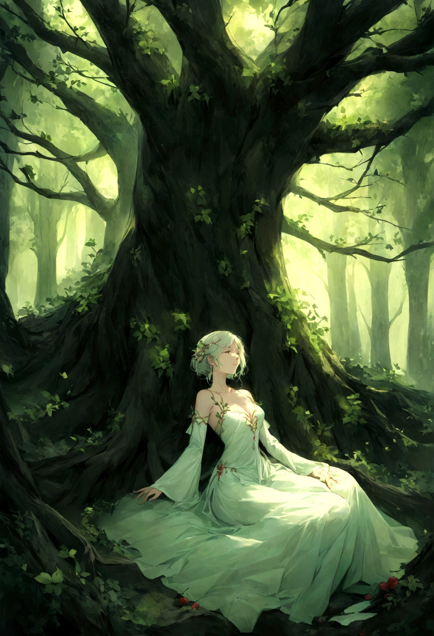 In a luminous forest, a woman feels herself on the ground of a large ancient tree, no symbolic deep ravines are overtaken. The branches tend toward the sky, laden with green leaves and dead fruit, representing future possibilities. Des lucioles dansent autour, illuminating les souvenirs et les aspirations, showing the connection between what has been and what will be.