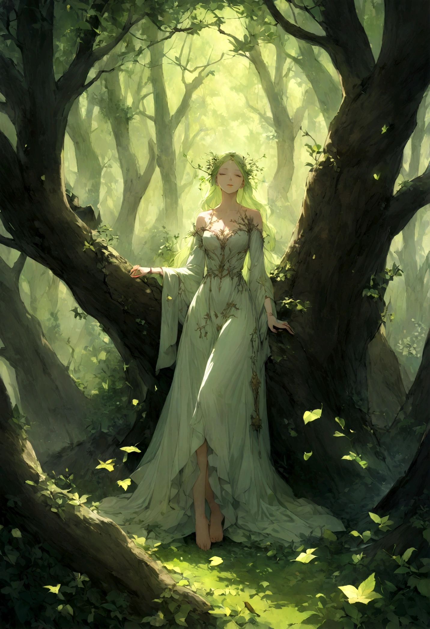 In a luminous forest, a woman feels herself on the ground of a large ancient tree, no symbolic deep ravines are overtaken. The branches tend toward the sky, laden with green leaves and dead fruit, representing future possibilities. Des lucioles dansent autour, illuminating les souvenirs et les aspirations, showing the connection between what has been and what will be.