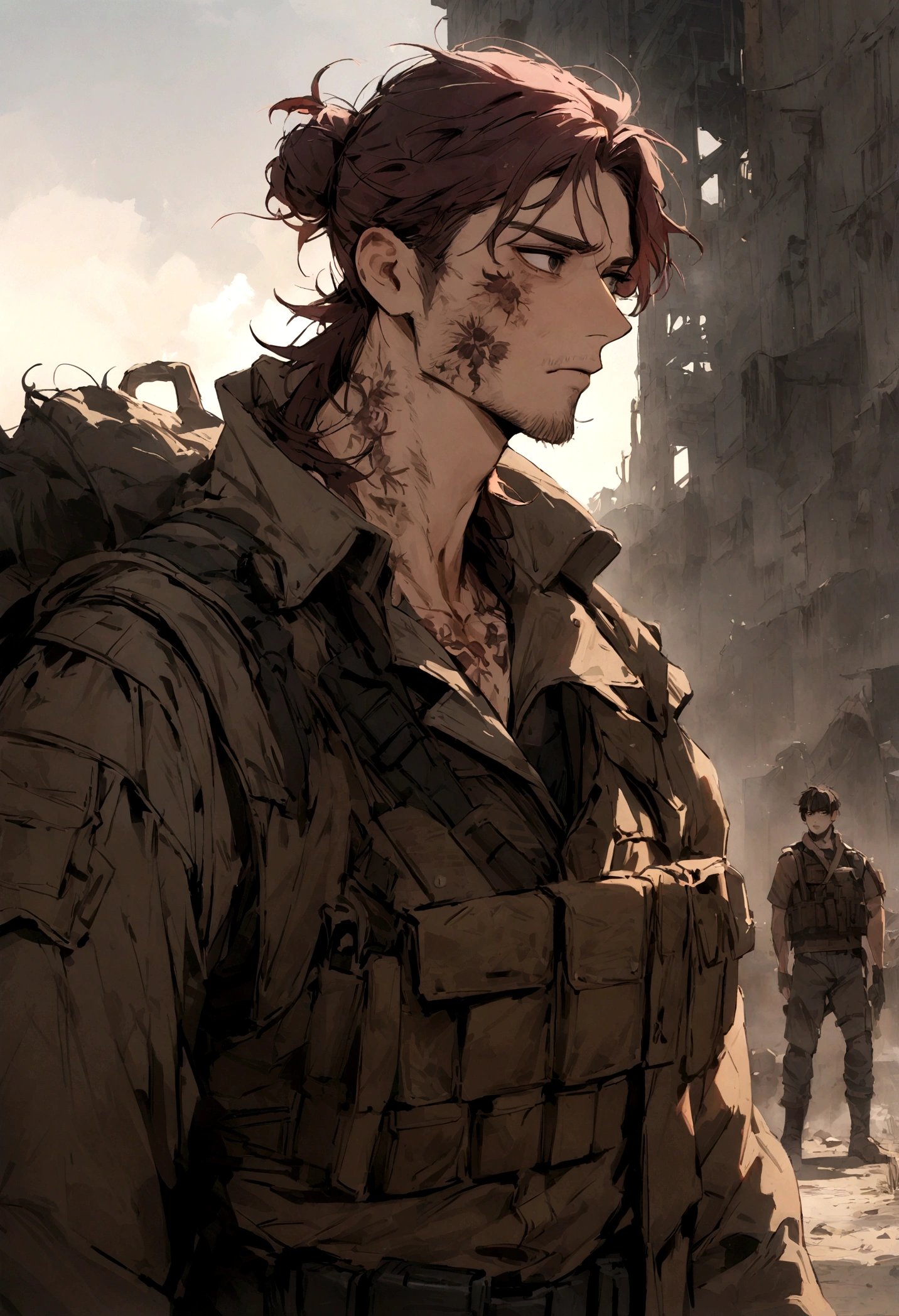 (masterpiece), best quality, expressive eyes, perfect face, Male, maroon messy hair-bun, black eyes, neck roses tattoo. brown fur lined overcoat, tactical vest, handsome, waist up view, upper body view, dark brown dustercoat, soldier, post apocalyptic, maroon hair, unkempt, messy, disheveled, dirty