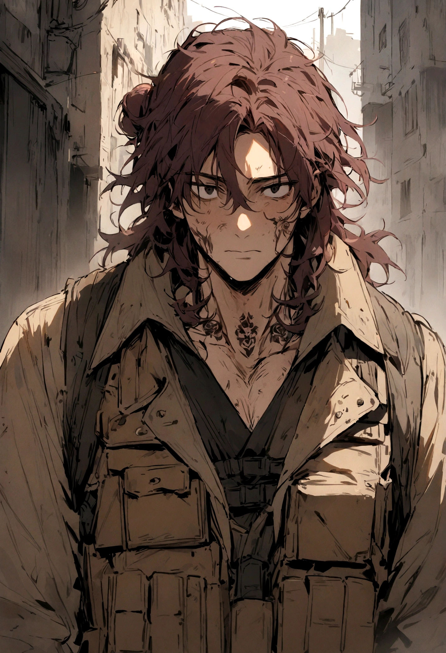 (masterpiece), best quality, expressive eyes, perfect face, Male, maroon messy hair-bun, black eyes, neck roses tattoo. brown fur lined overcoat, tactical vest, handsome, waist up view, upper body view, dark brown dustercoat, soldier, post apocalyptic, maroon hair, unkempt, messy, disheveled, dirty