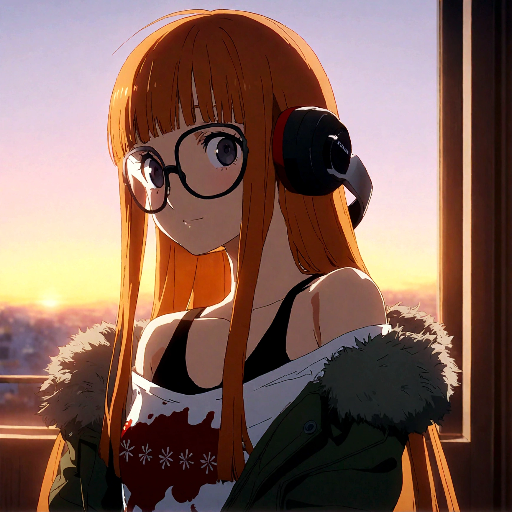 1girl, sakura futaba, upperbody, (masterpiece), cinematic, beautiful light, best quality, newest, aesthetic,very aesthetic,anime,anime keyvisual,indoor, sunset,