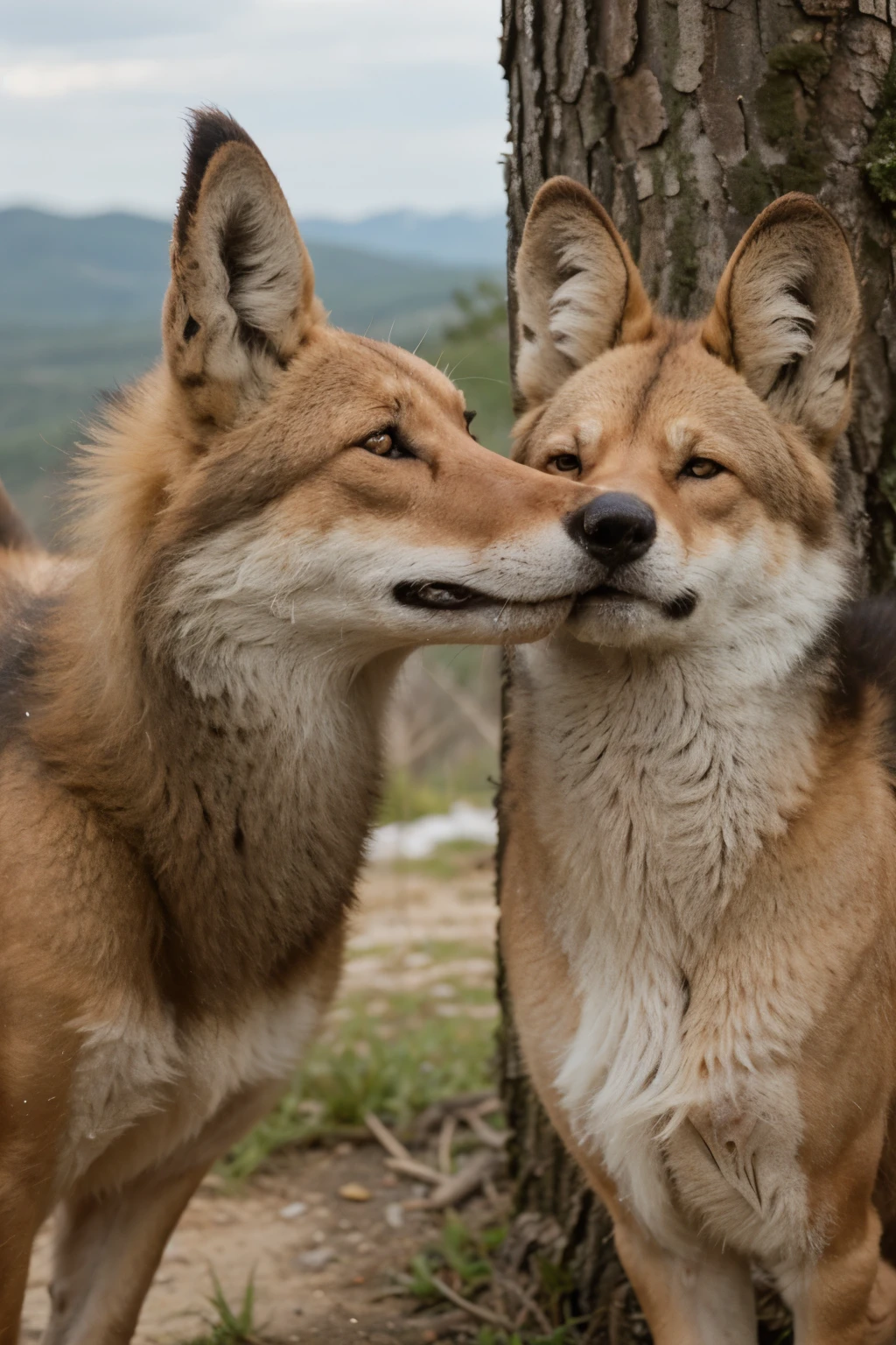 ((melhor qualidade)), ((Obra de arte)), (detalhado), 2 maned wolves touching their noses to each other, sob lua cheia, backcountry