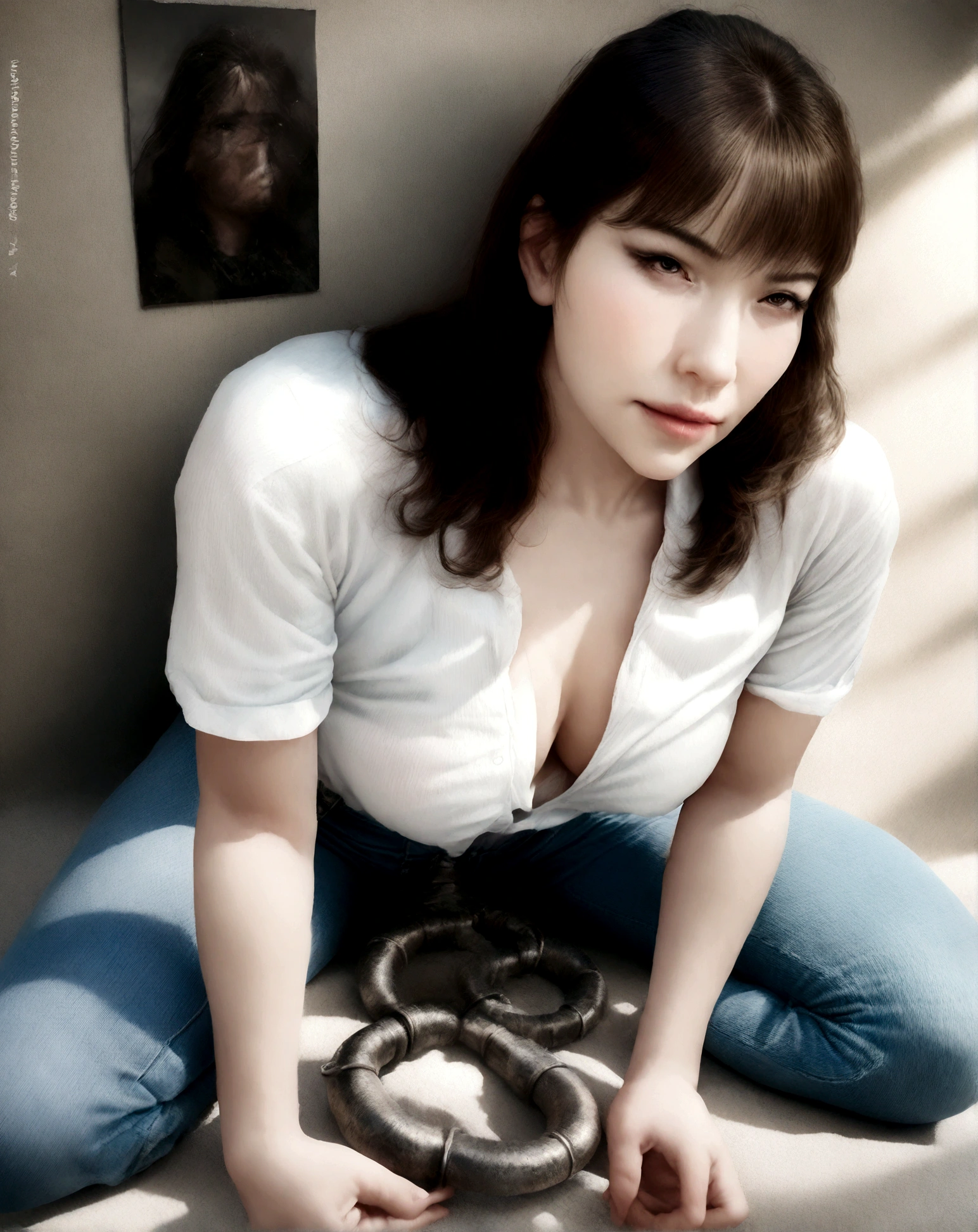 (8k, highest quality, masterpiece: 1.2), (Realistic, photoRealistic: 1.37), beautiful, Sensual and erotic woman with a curvaceous body,、The eye color is dark brown、Medium Hair、Light Brown Hair、 (White long formal shirt)(Unbutton your shirt.)、jeans, Manacles、両手に黒いManaclesをつけられ, 両手は黒いManaclesで縛られている、Hanging from the ceiling by both hands、Chained、please stretch your arms、gag、In the basement, ((jeans))