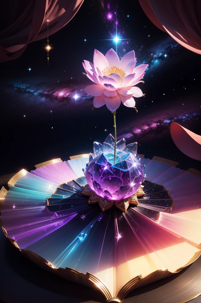 crystal flower, Fantasy, Milky Way, transparent, Sparkling, Sparkling, The Shining, colorful, magical photography, LightingDramatic, Photorealism, Ultra-detailed, 4K, Depth of written boundary, High resolution、In the hands
