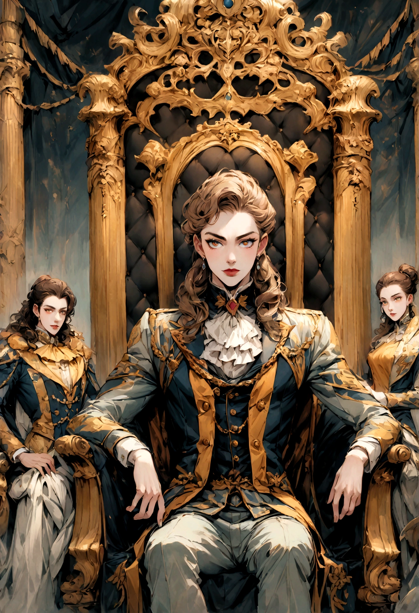 A Dutch prince with brown hair sits on a royal throne, traje imperial neerlandes, ojos grises