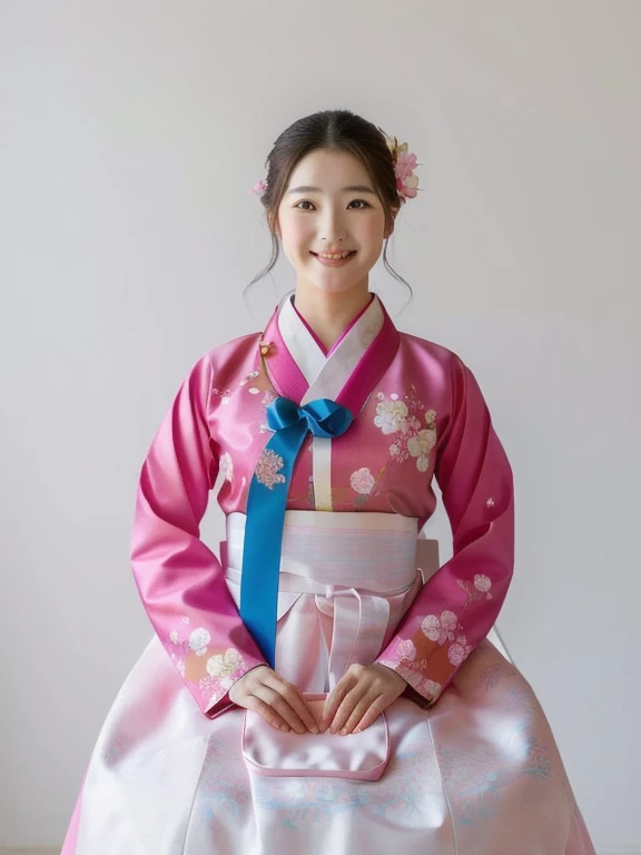 a woman in a pink Hanbok and blue sash holding a purse, Hanbok, korean Hanbok, korean woman, Korean girl, Hanbok apron, beautiful south korean woman, traditional dress, traditional, Inspiration from Jeongseon, traditional clothing, traditional clothes, Wears a chiton cloth with a pink flower pattern., Kim Doyoung, beautiful young korean woman