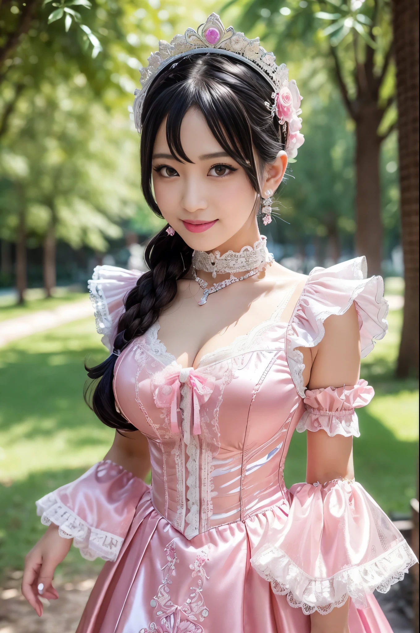 nsfw, sexy Thai princess, only 1 female, ((doll-like appearance)), short neon pink stylish hair, ((shiny Victorian-Style boots)), (big smile), ultra detailed eyes, vivid eye makeup, lipgloss, long lashes, defined eyebrows, ((sexy Paradise Kiss cosplay)), bell-shaped skirt, petticoats, high neckline, puffed sleeves, ((ultra detailed lace)), ((ultra detailed embroidery)), intricate details, Paradise Kiss accessoires and matching headpiece, choker, ((large sparkling Paradise Kiss jewelry)), cinematic light, detailed large park background with trees