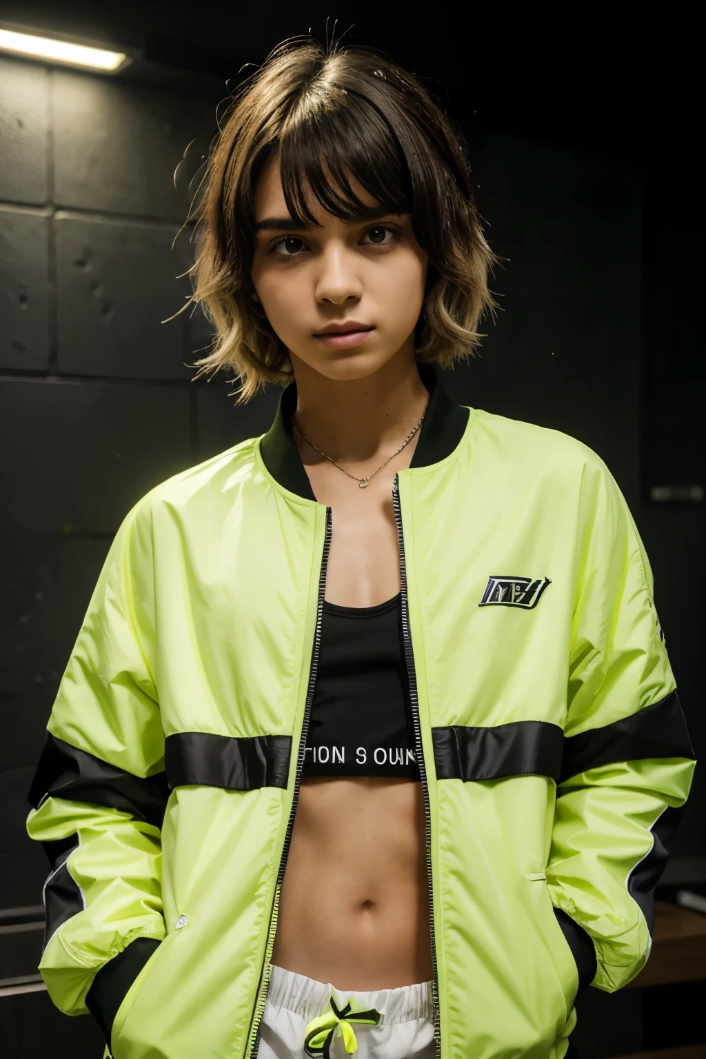 1 , (lime) cabelo, lemon black jacket, Postura sentada, cara de rizz, Energetic Monster